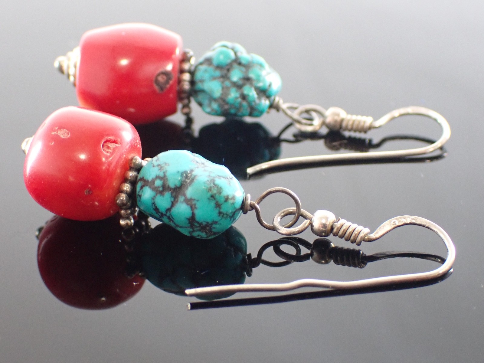 Vintage Sterling Drop Earrings Red Bead & Turquoise Matrix Stones Artisan