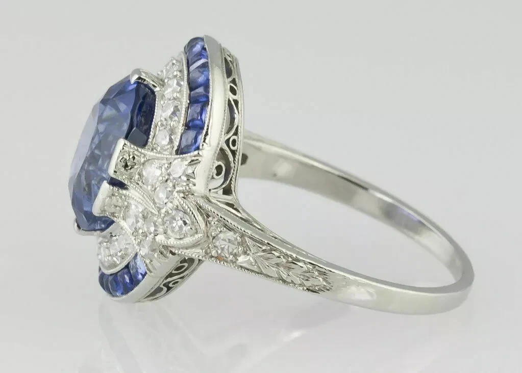 Art Deco Vintage 4.50Ct Blue Lab Created Sapphire Wedding 14K White Gold FN Ring