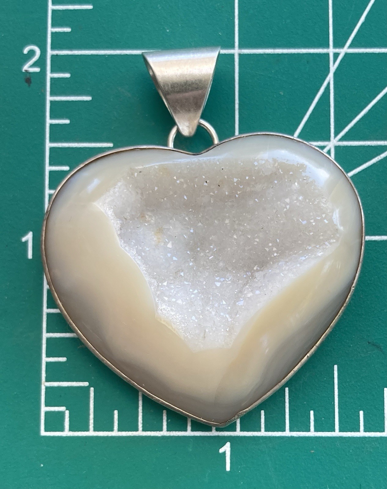 Druzy Pendant Sterling Signed Fifirose 925 Necklace Quartz Heavy Big bail Heart