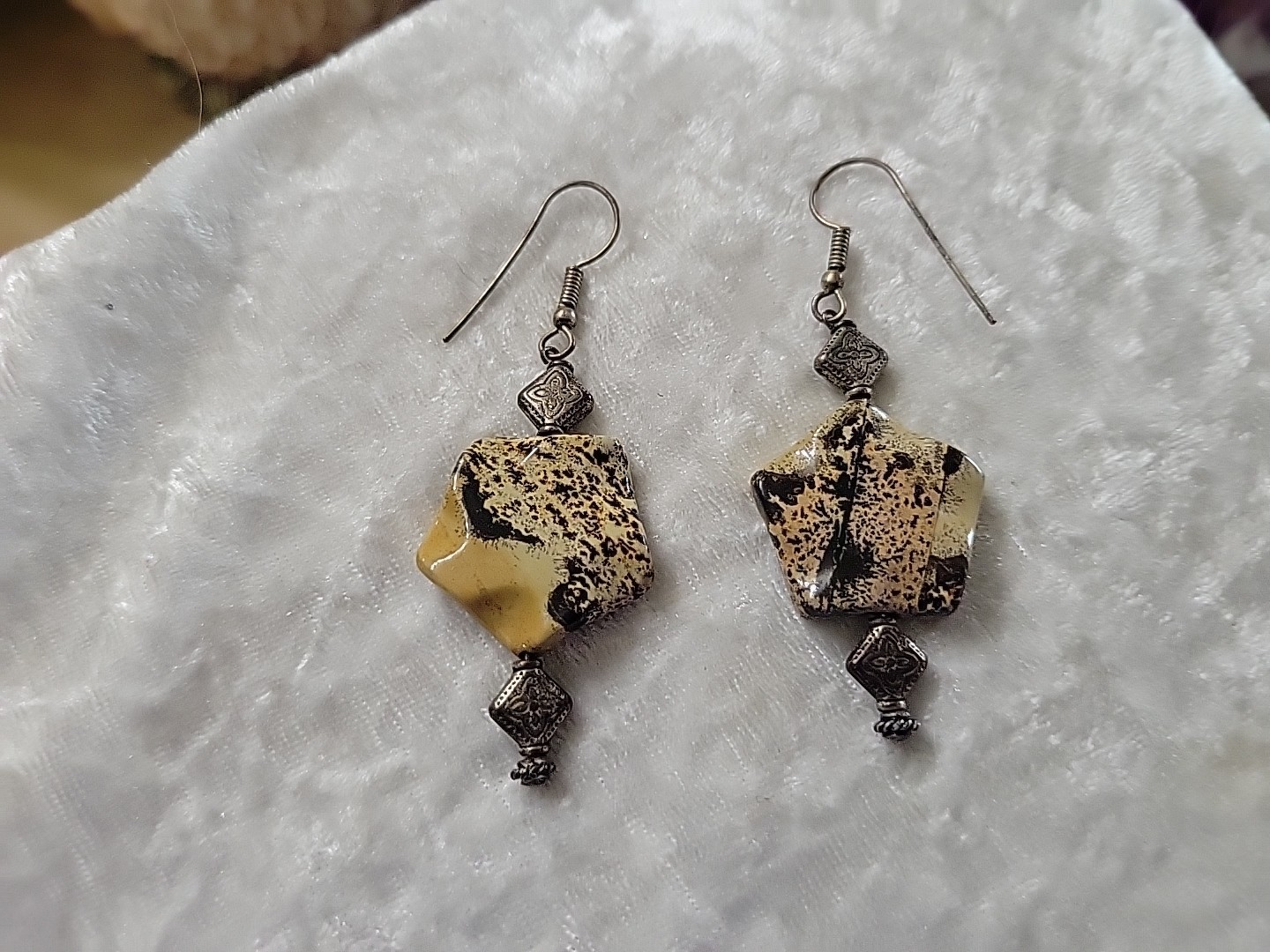 Vtg Silver Jasper Pierced Dangle Hook Earrings