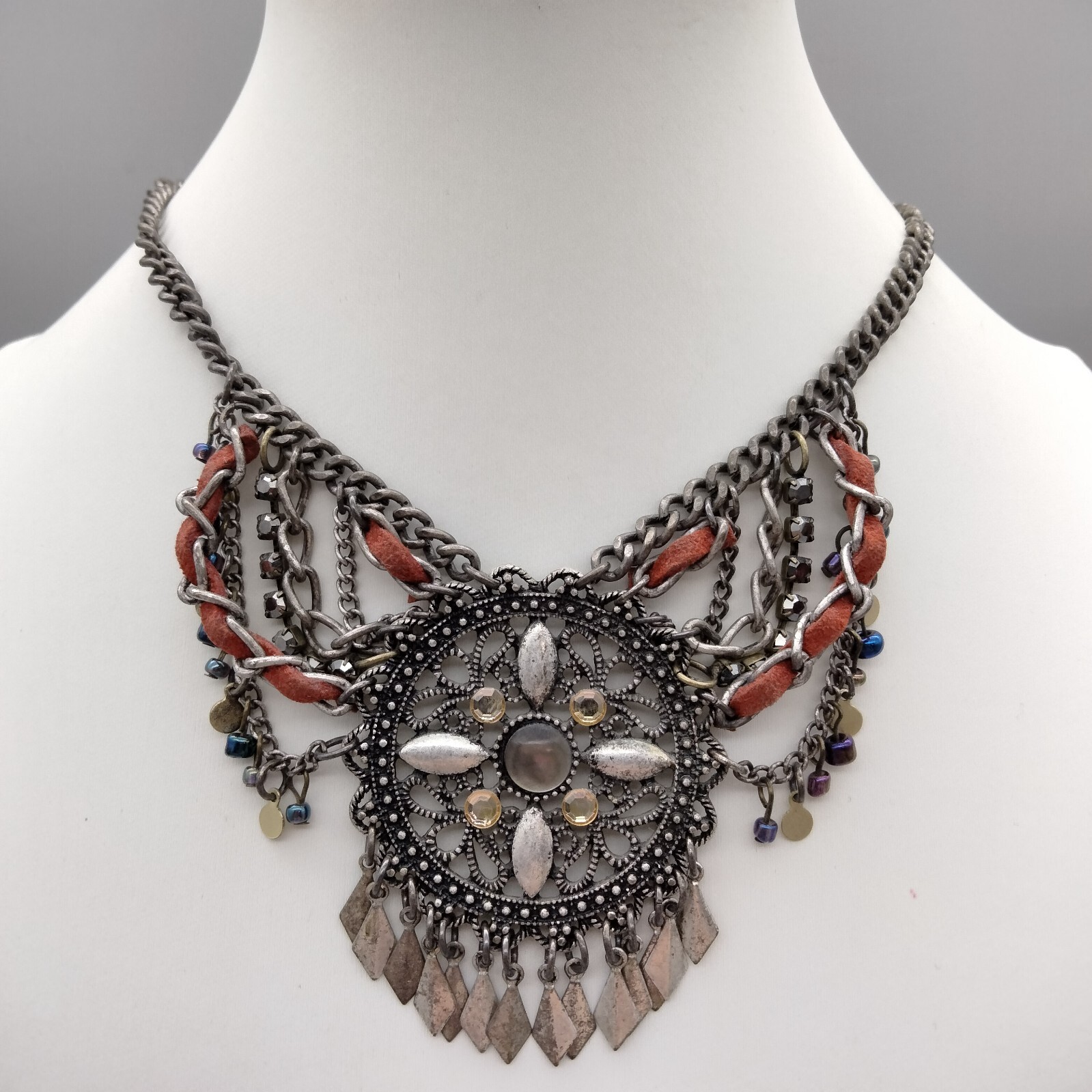 Boho Chic Western Fringe Faux Leather Adj Necklace 16″ Vintage Designer aeo Y2K