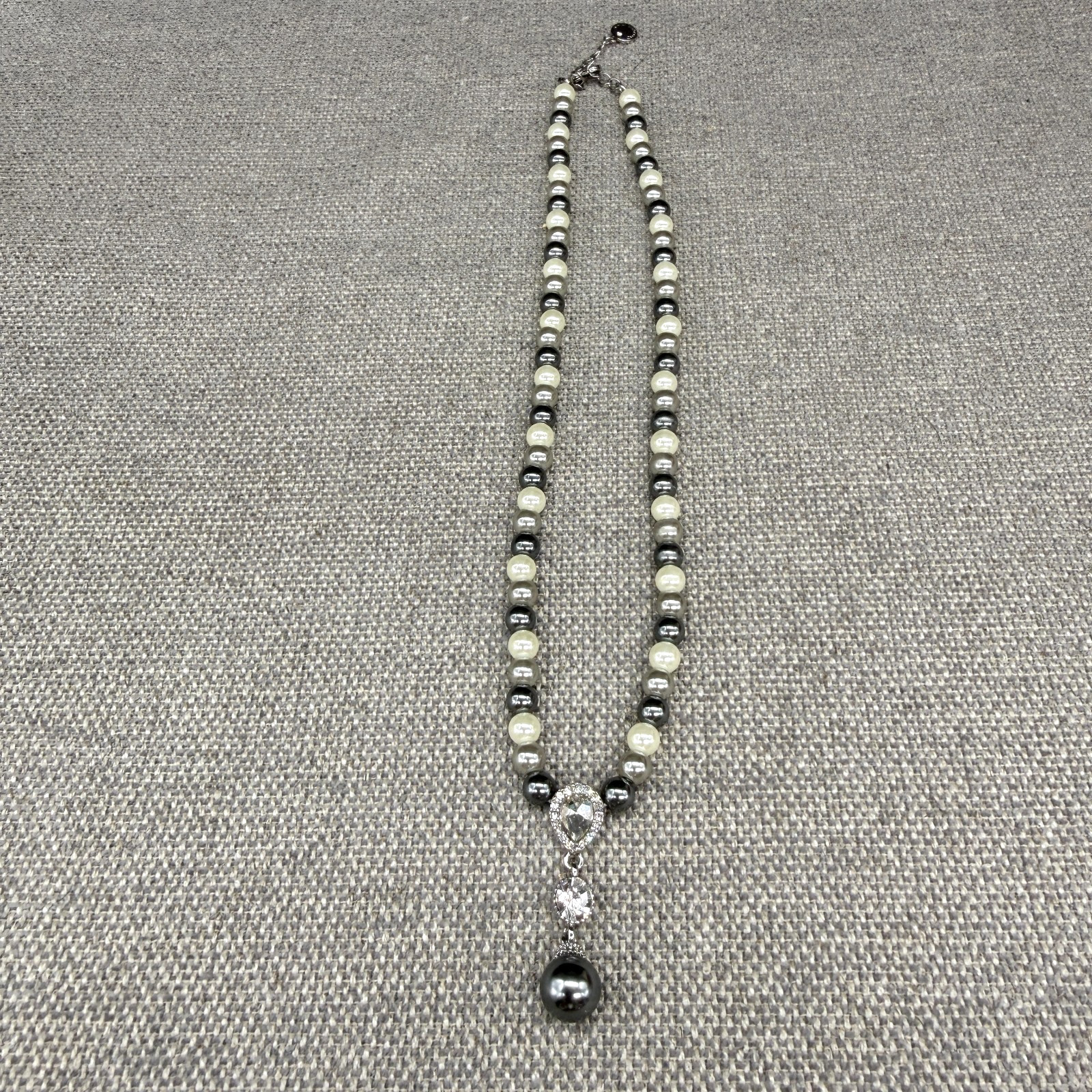 Vintage Coldwater Creek Necklace Gray Imitation Pearl Clear Rhinestone Drop