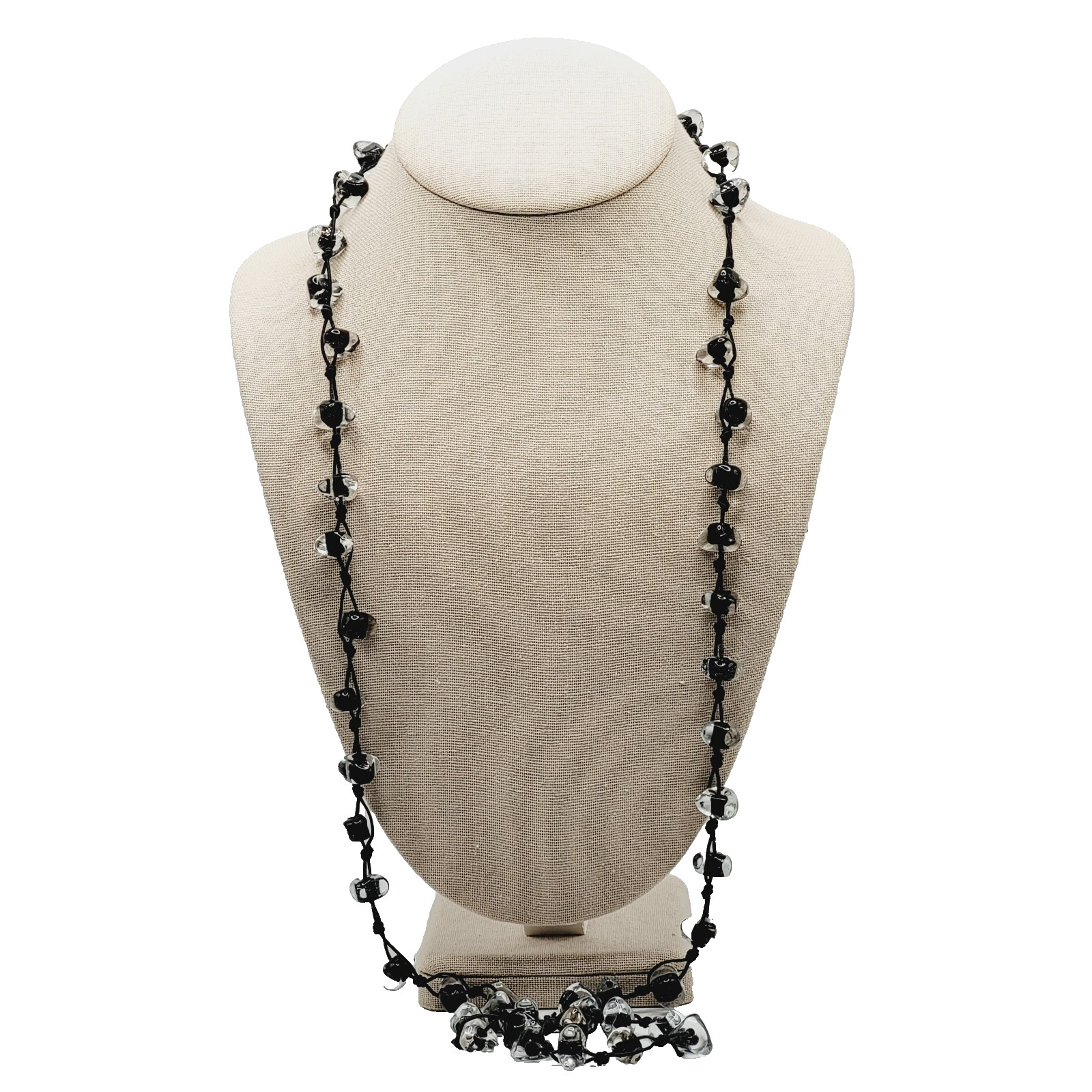 Art Glass Clear Ice Pebble Bead Hand Knot Black Thread Single Strand Necklace