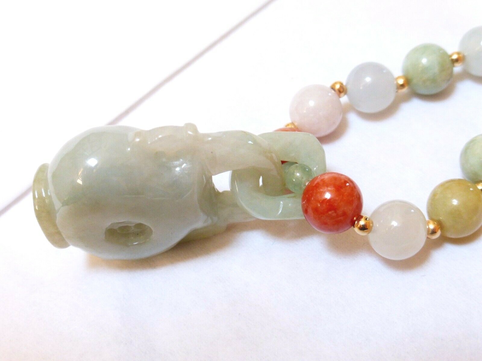 Vintage Chinese 14K GOLD Multi-Color Jade 9mm Beads Necklace Pendant, 22″