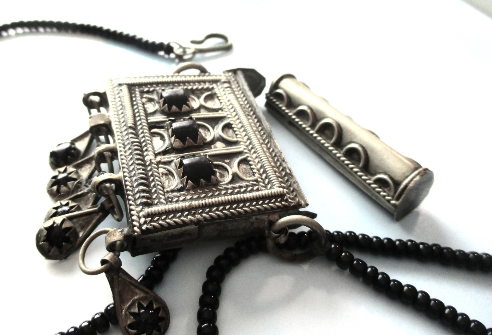 Vintage prayer necklace, blue stones and dangling decorative elements, 22 inches