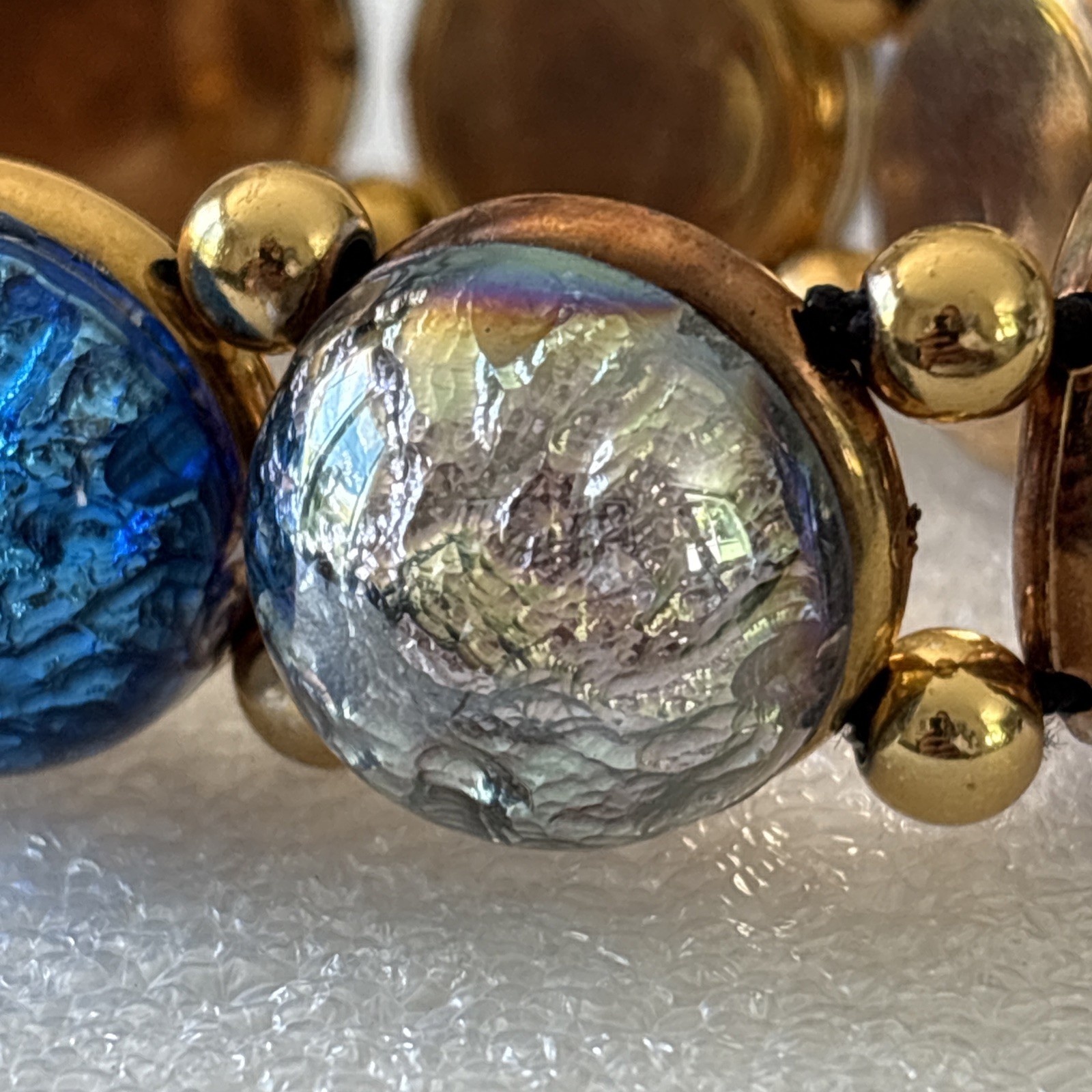 Vintage Plastic Foil Cabochon Stretch Bracelet Costume Jewelry Faux Gems NOS