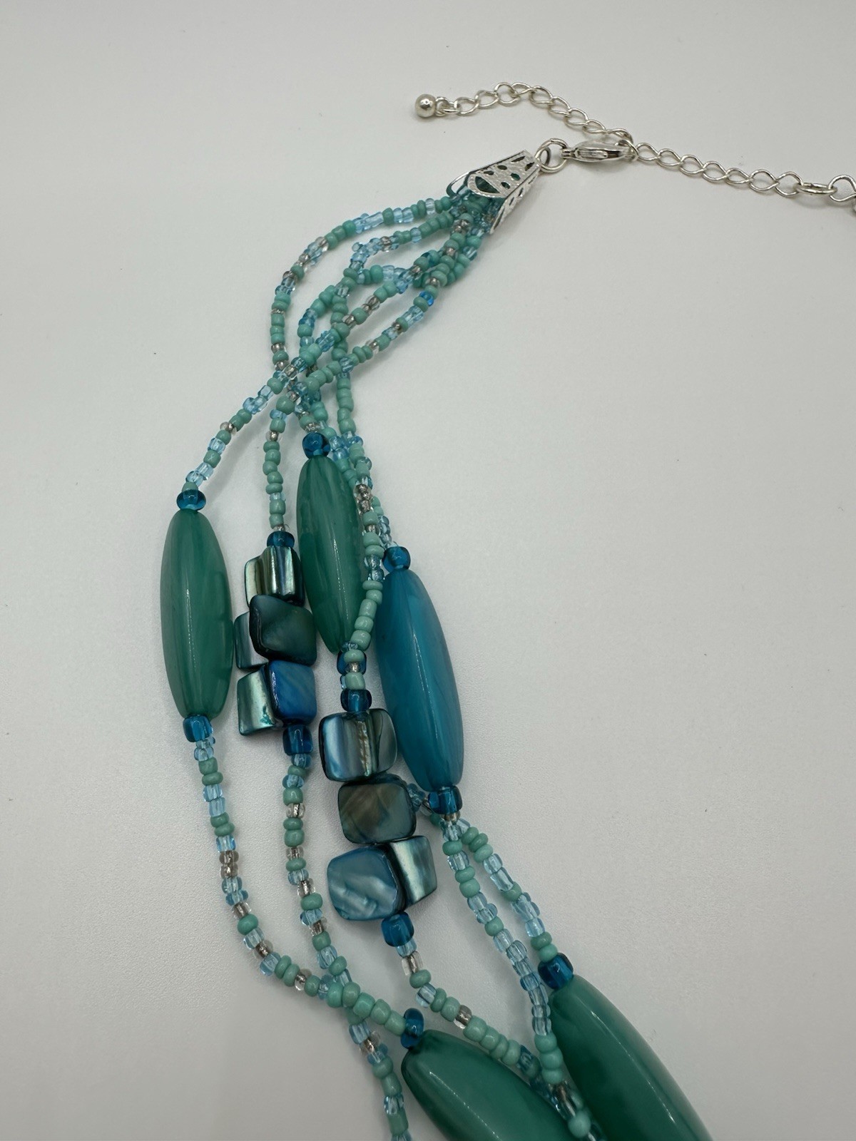 Multi Strand Necklace with Aqua Blue Dyed Abalone Shell & Acrylic Beads 18″-20″