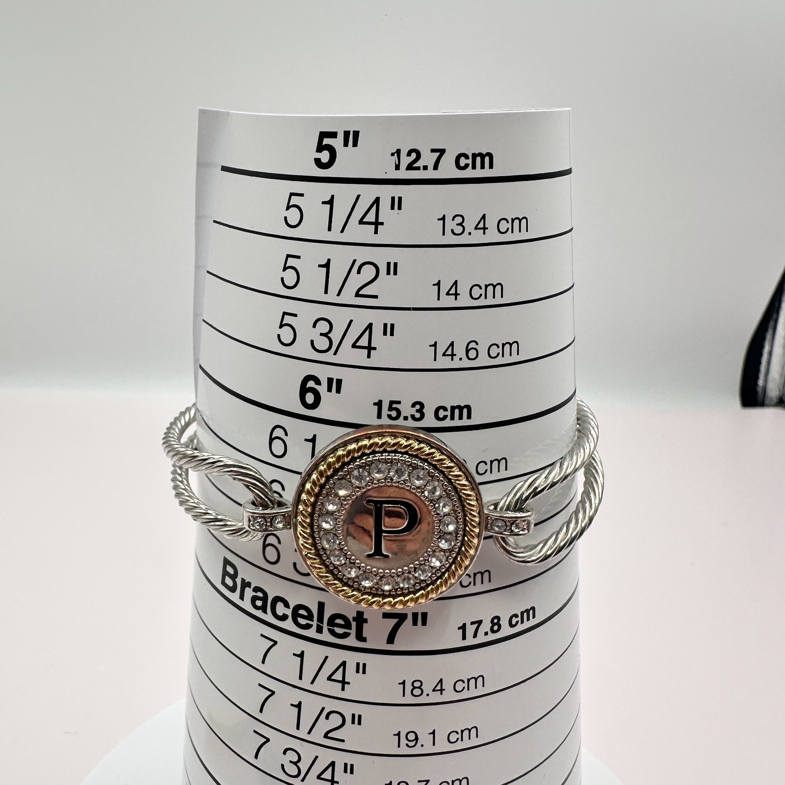 Vintage 90s Silver Tone Initial P Cable Bangle Bracelet Glass Accents Jewelry