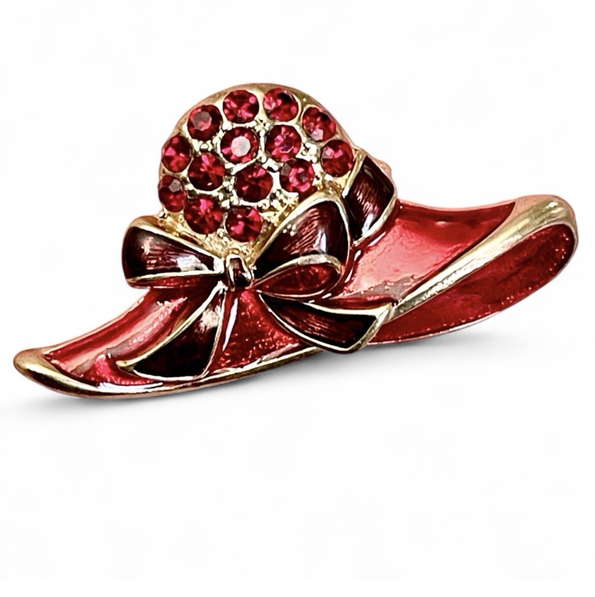 Vintage Red Hat Society Brooch Rhinestone Enamel Gold Hat Pin Fashion Statement