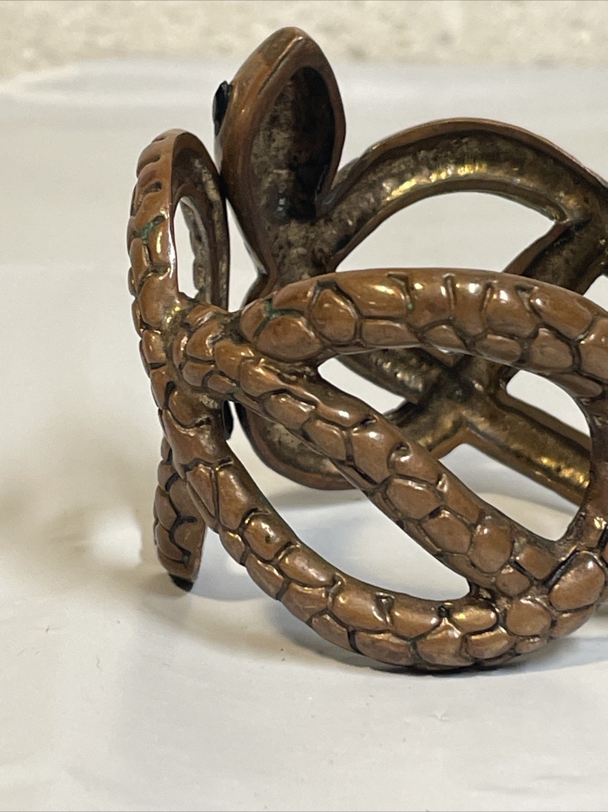 1970 – 1980 Copper Coiled Snake Biker Goth Western Hinged Bracelet Vtg Gem Eyes