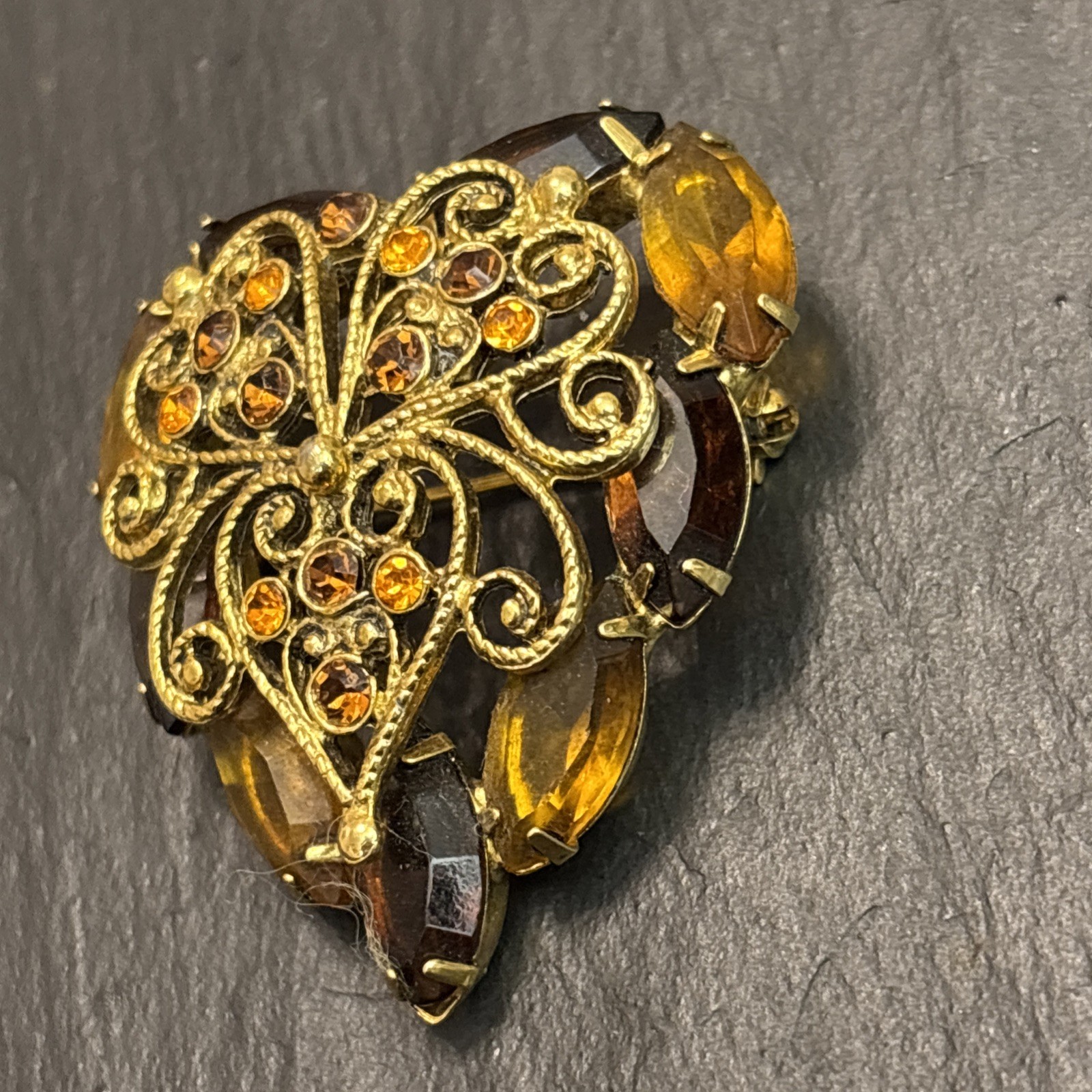 Juliana Delizza Elster Vintage Fall Heart Design Brooch Glass Gold Plated 5c