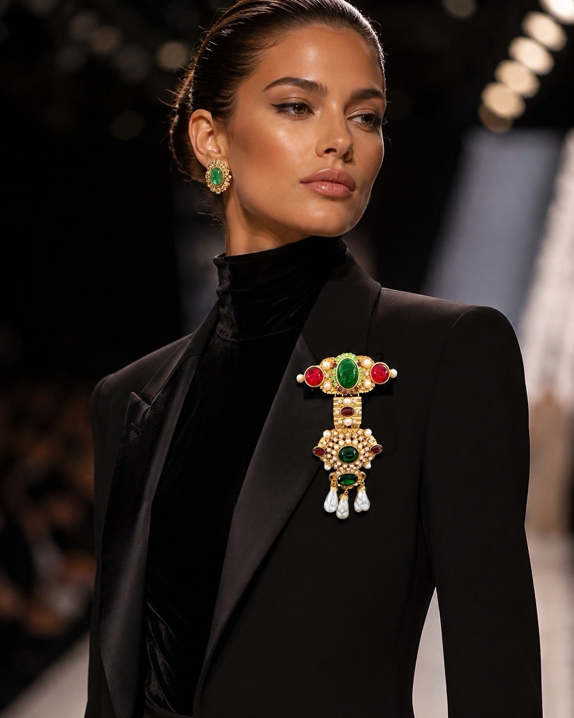 VTG. ESTATE Y2K HIGH END GREEN & RED GRIPOIX RUNWAY 18KT GOLD PLATED BROOCH