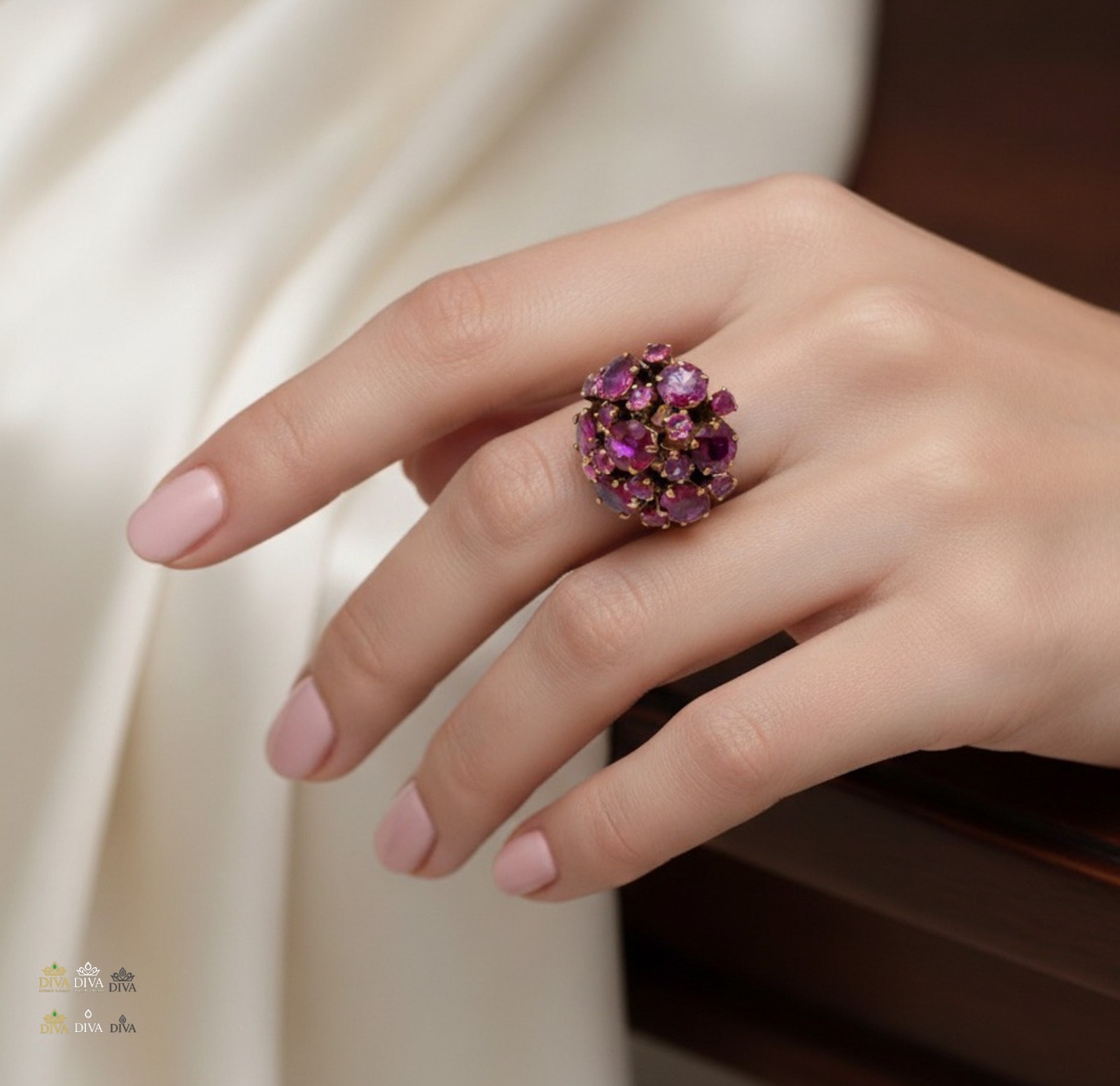 Vintage Ruby / Pink Sapphire Dome Cluster Cocktail Ring 14K Yellow Gold Sz 5