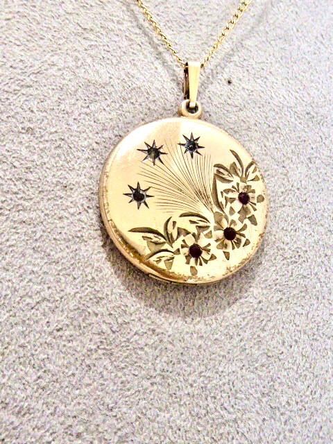 VICTORIAN 14K Y GOLD FILLED SHOOTING STARS LOCKET 1 1/4″ NECKLACE 1874 DATE