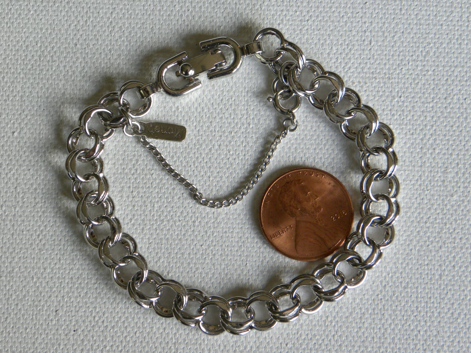 MONET Starter Charm Bracelet Double Link Silver Tone 7 1/8 Inch Safety Chain Vtg