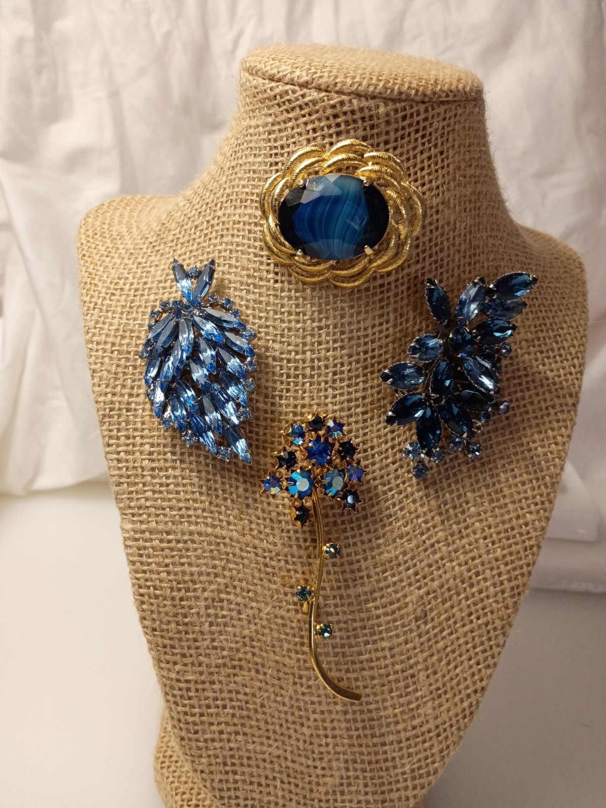 Rhinestone Costume Vintage Jewelry Lot, 4 Piece, Blue, Silver Tones, Gold Tones