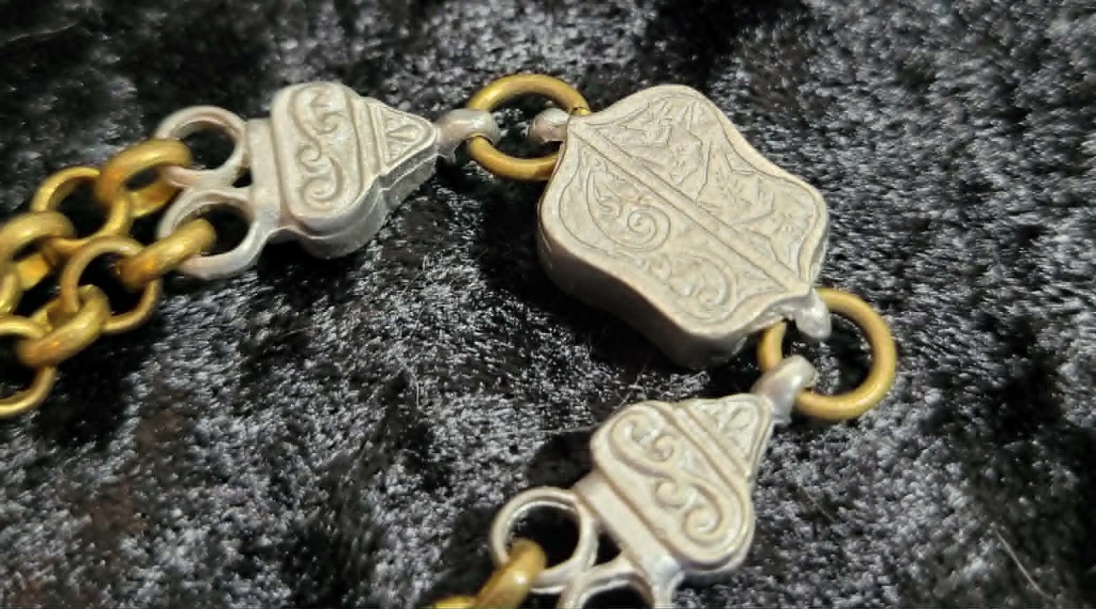 Antique Victorian Double Strand Albertina Bracelet Brass & Silver Tone Belcher