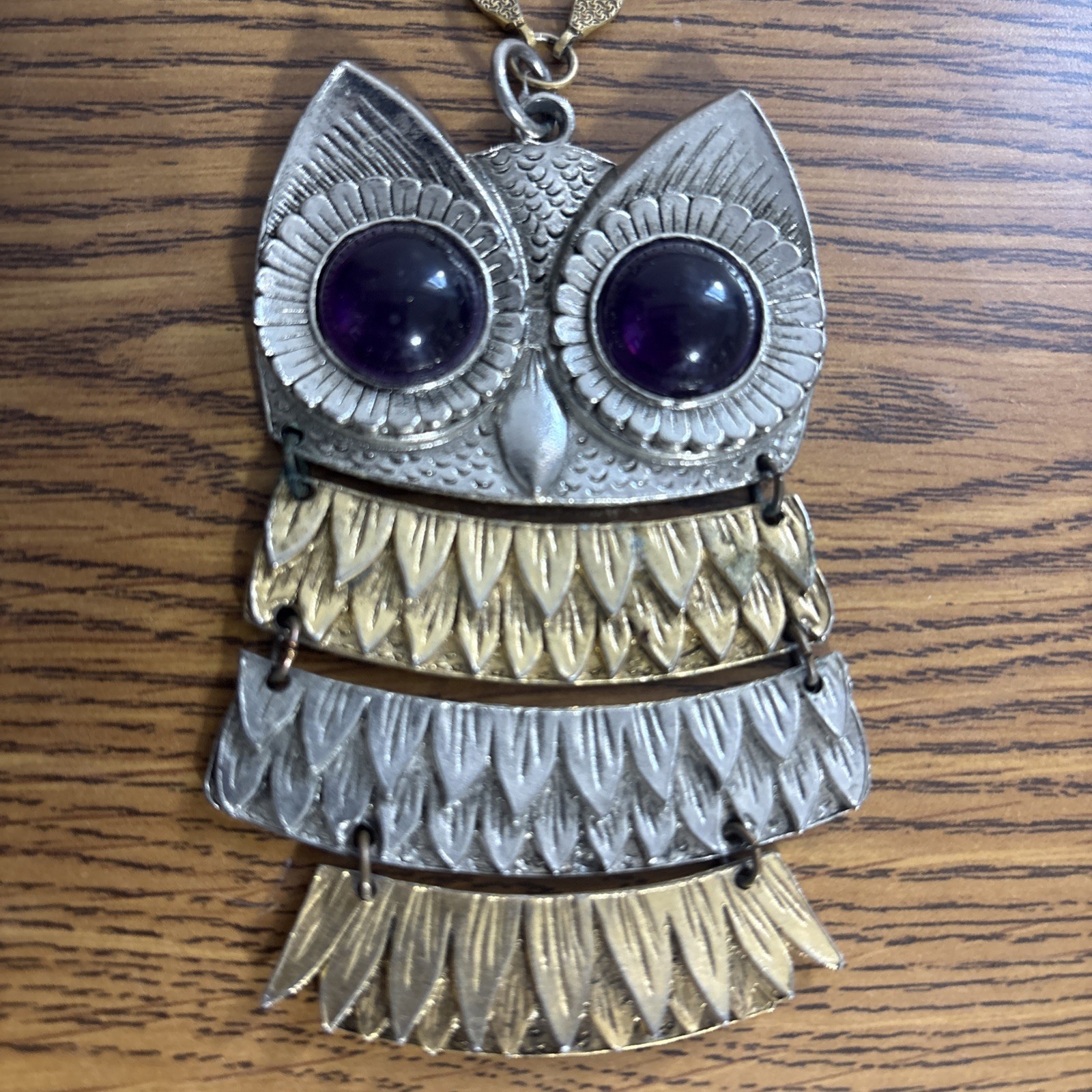 Vintage Silver & Gold Tone Articulated Owl Pendant Necklace W/Purple Stone Eyes