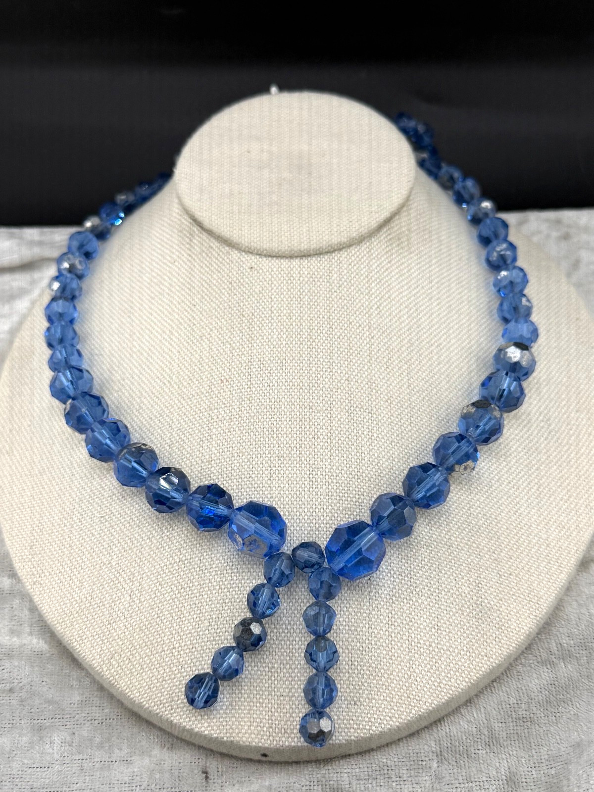 Vintage Blue Faceted Glass Necklace Crystal 26”