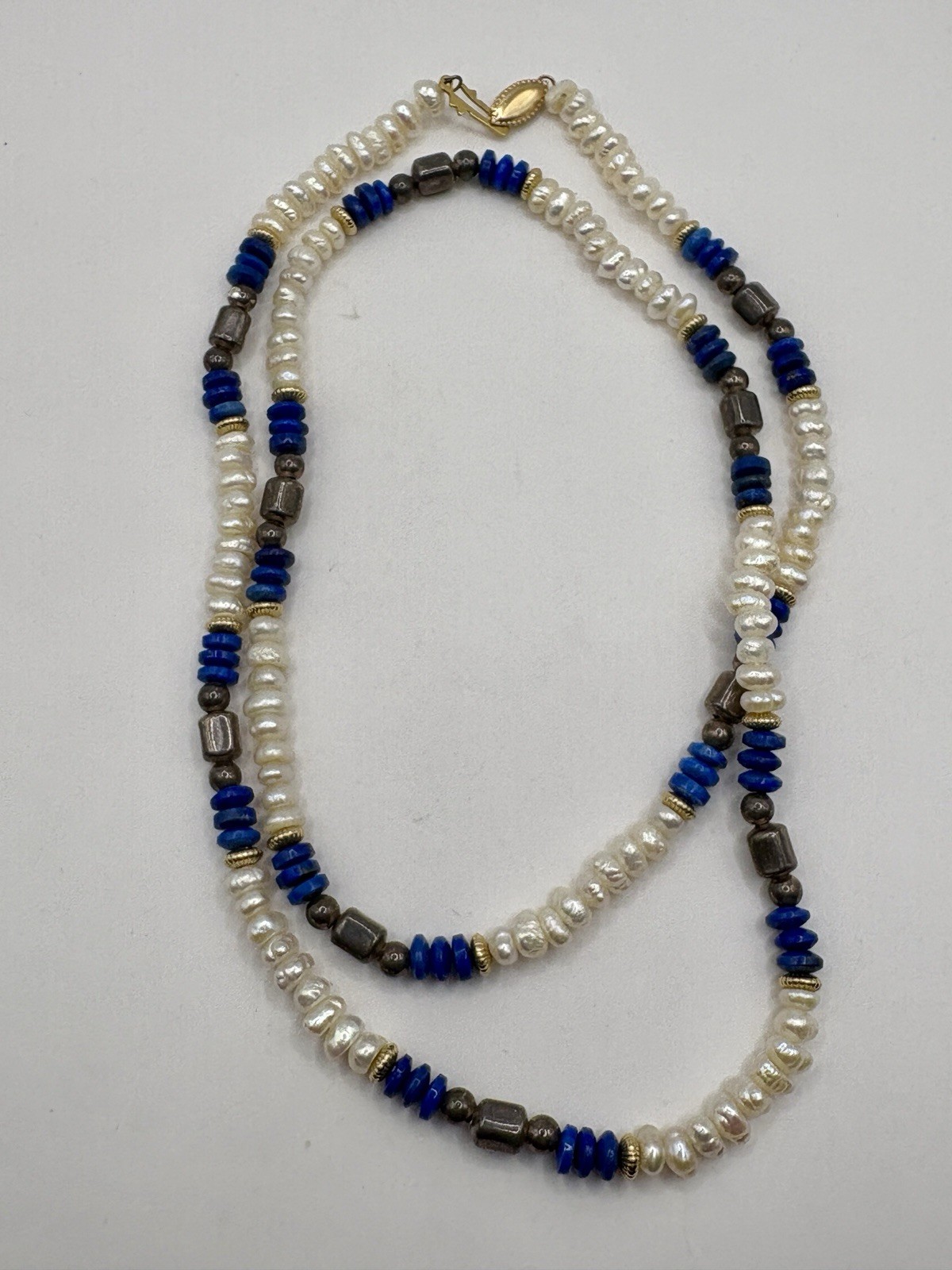 Vintage Rice Pearl Lapis Lazuli sterling silver Necklace Fish Hook Clasp 24”