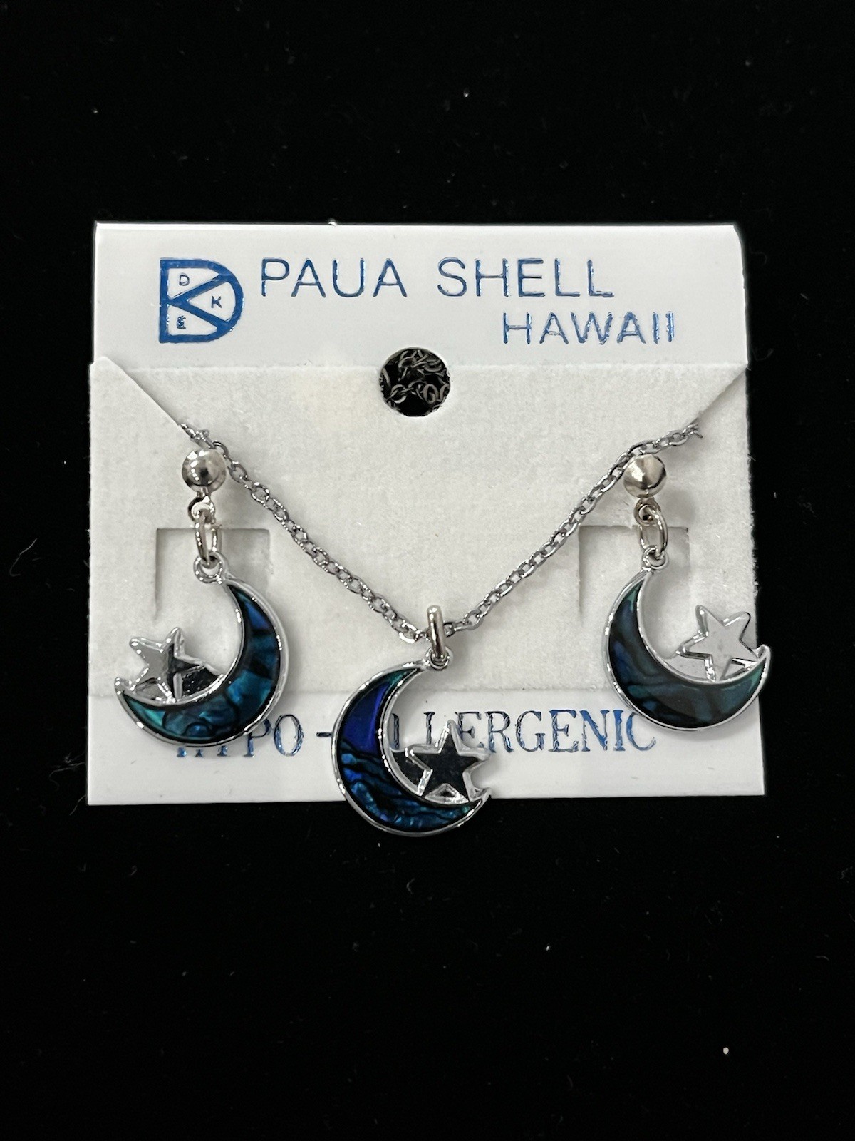 Vintage Paua Shell Hawaii Bohemian Boho Blue Moon Pendant Necklace Earring Set