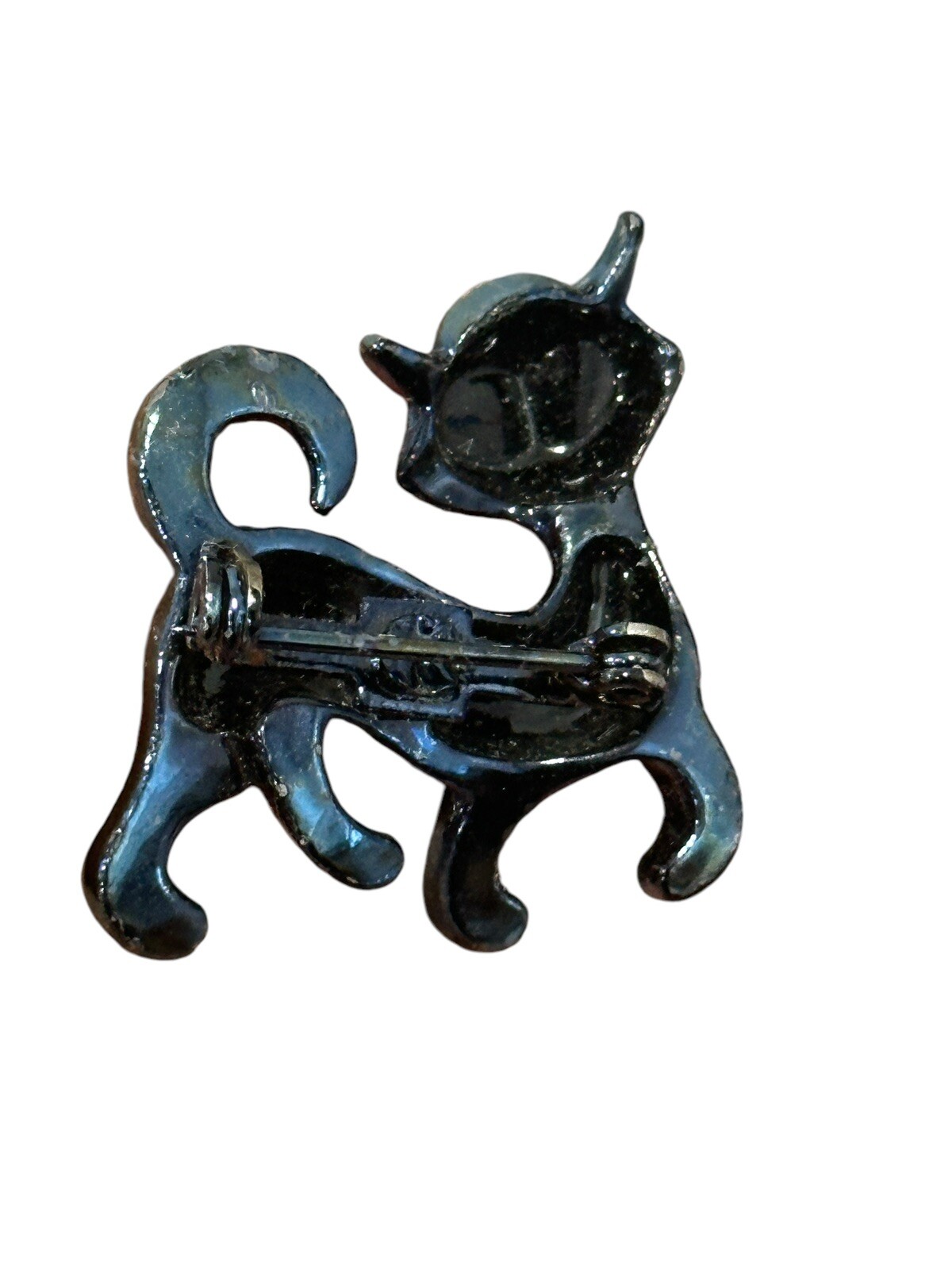 Vintage Iridescent Lusterware Cat Scatter Brooch Pin Red Eyes Oil Slick