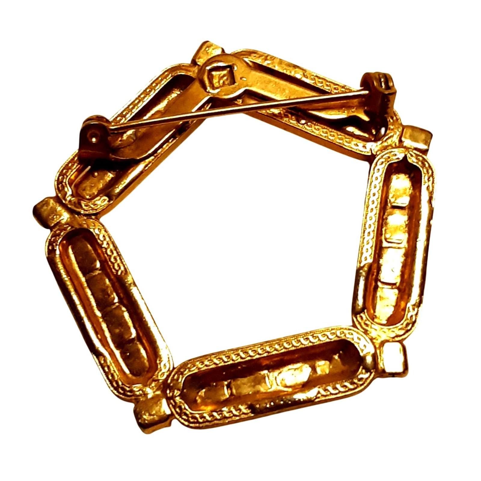 Vintage Gold-Tone Hexagonal Brooch With White Beaded Accents & Safety Clasp
