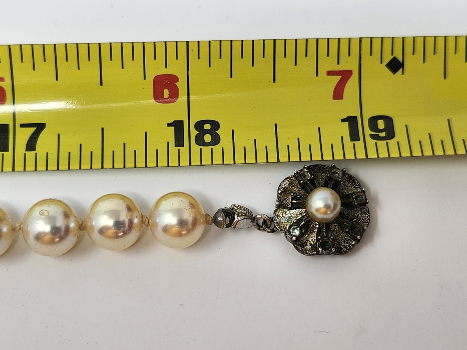 Heavy Hand-Knotted Faux Pearl Necklace 19″ Sheen 8mm Hook Clasp Marked 835 VTG