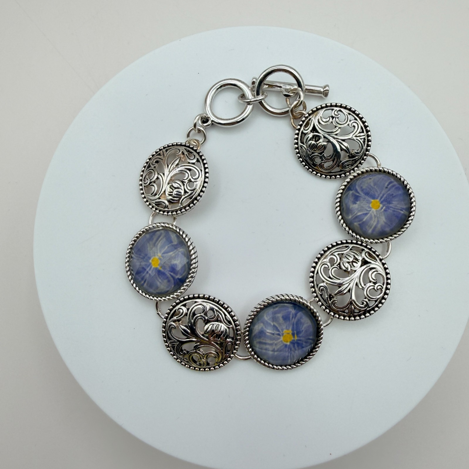 Vintage 90s Silver Tone Blue Flower Glass Cabochon Classic Fashion Jewelry Set
