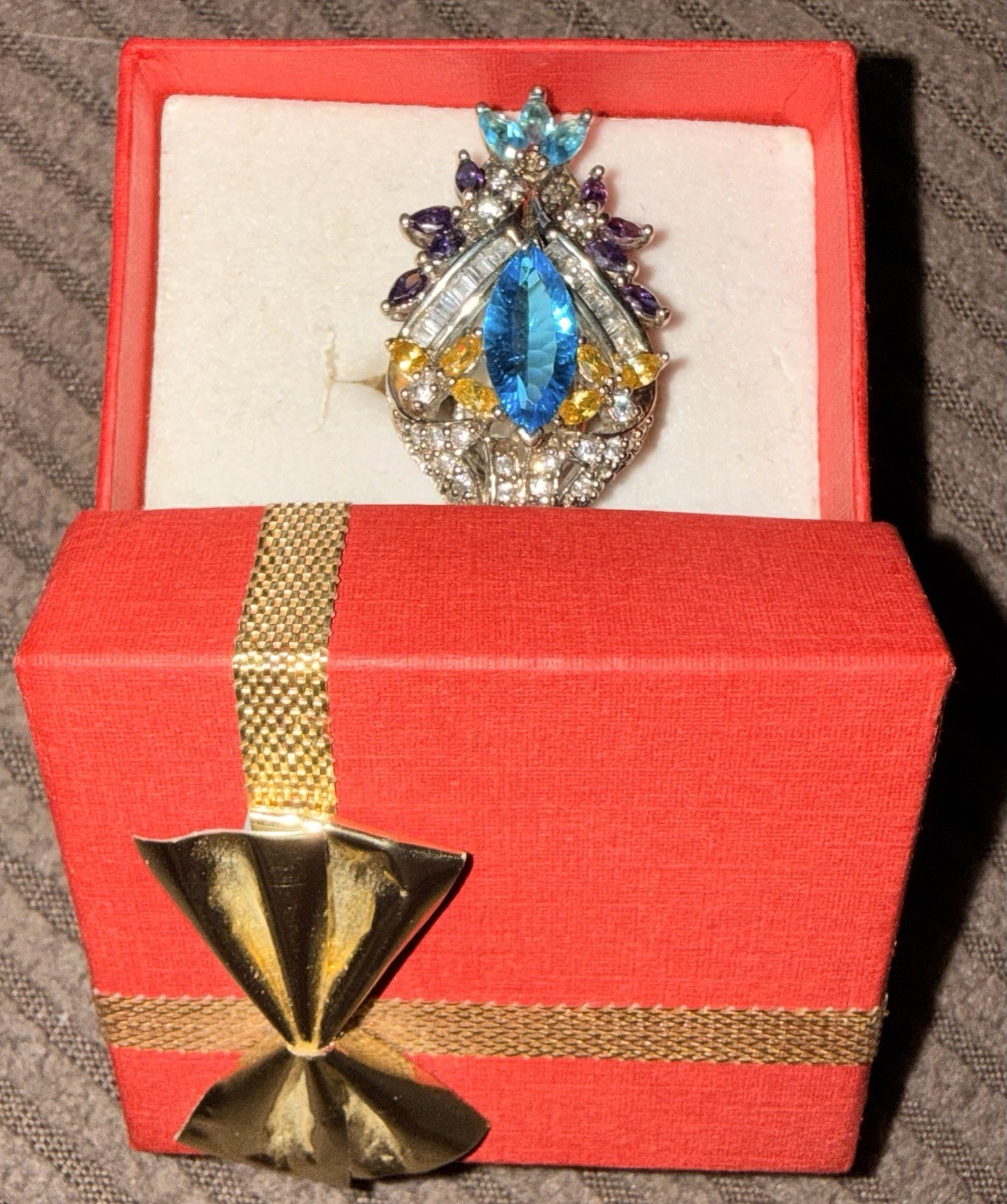 Silver Cocktail Ring with Multicolor Gemstones, Marquise Blue Center Stone