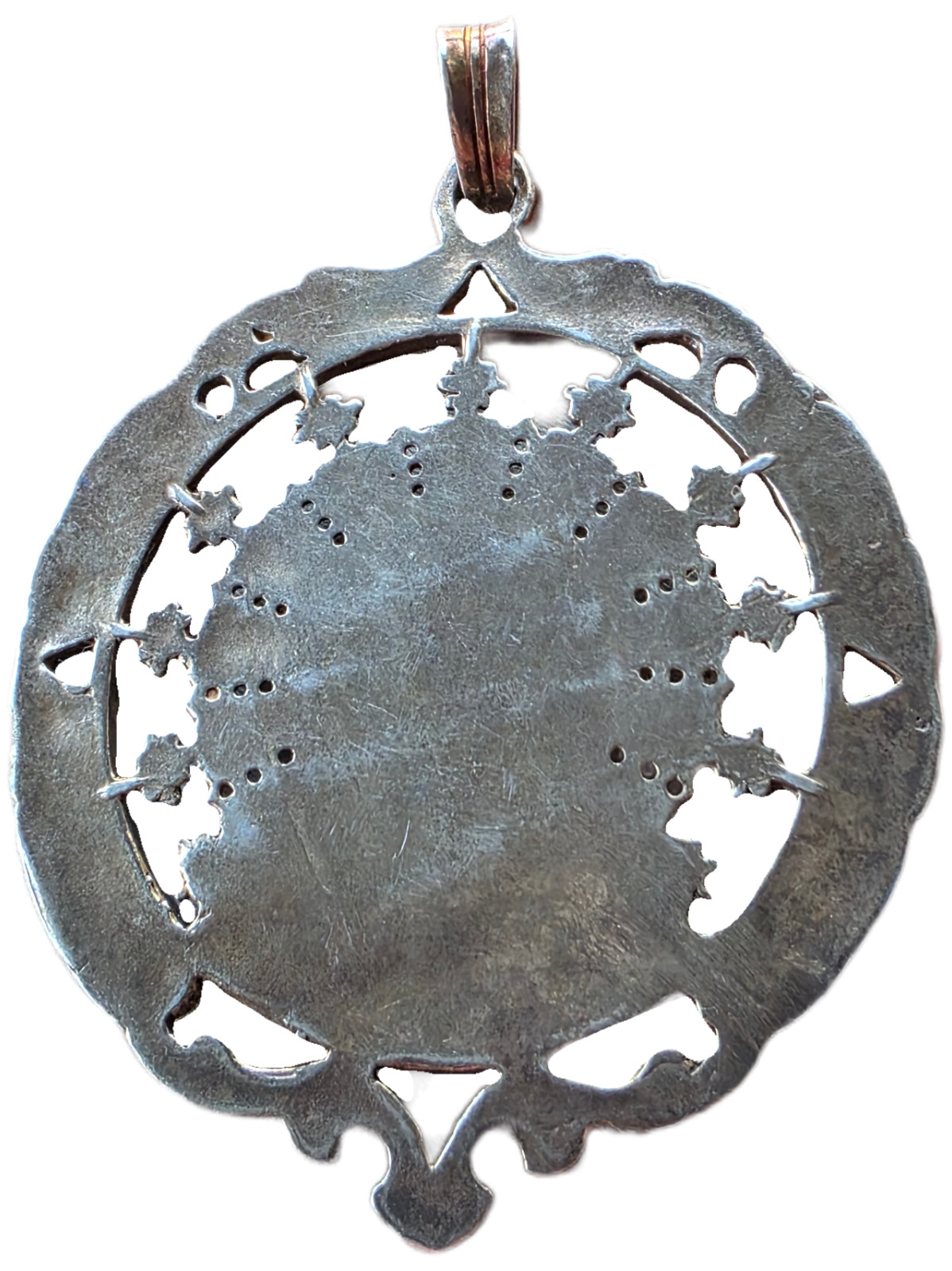 Exceptional antique solid silver Virgin Mary medallion in high relief —t Ca 1890