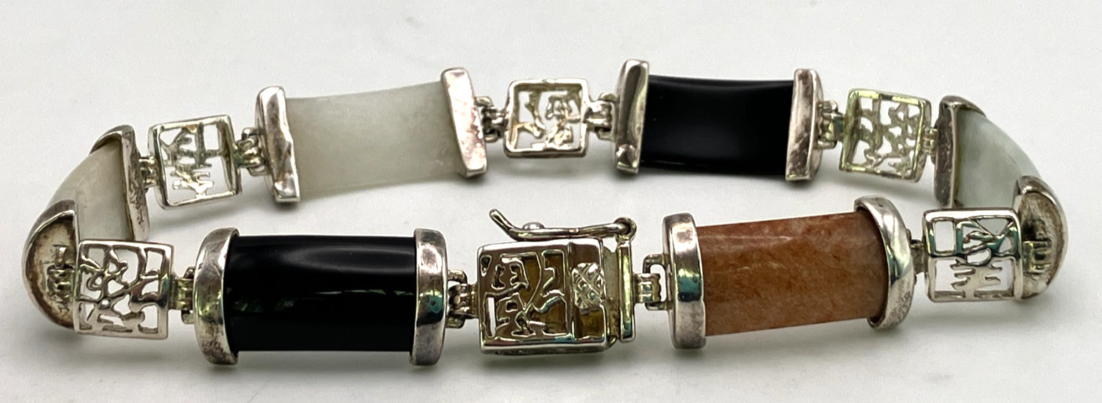 DBJ Dee Berkley Sterling Silver Chinese Character 7.5 Inch Jade Link Bracelet