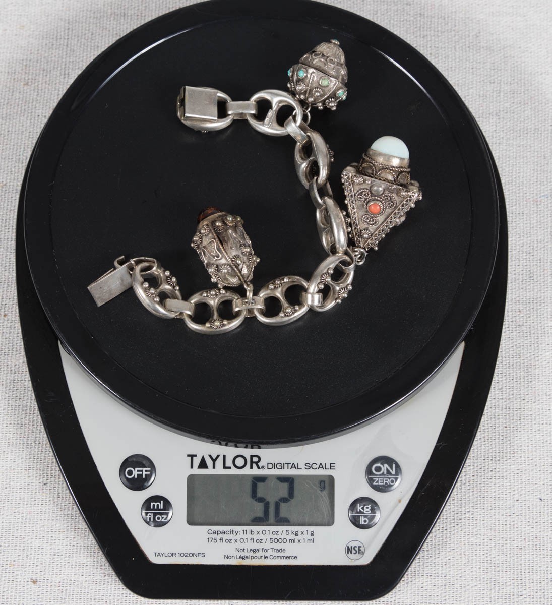 Vintage Etruscan Revival 800 Silver Fob Charm Bracelet Stones 8″ Long 800 – 52g