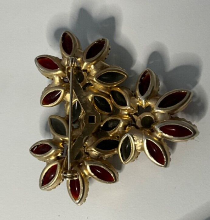 Vintage Warm Red and Gray/Green Flower Brooch approximately 2 inches long