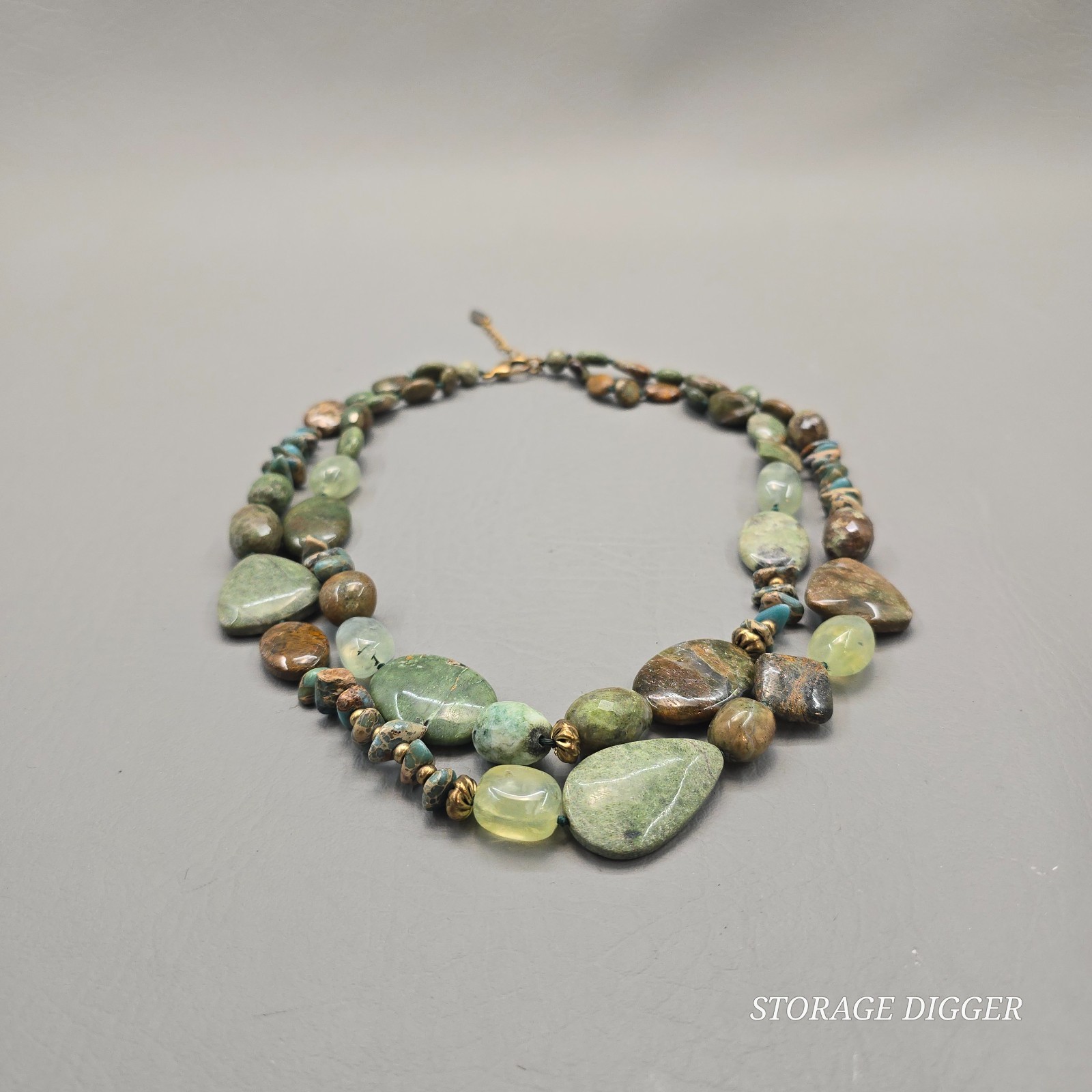 VTG Coldwater Creek Double Strand Beaded Necklace Gold Tone Green Mixed Stone