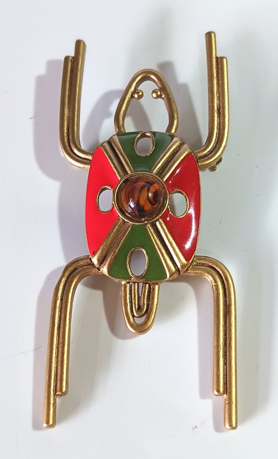 Vintage Gold-tone Insect Bug Brooch w/ Enamel Body & Translucent Cabochon