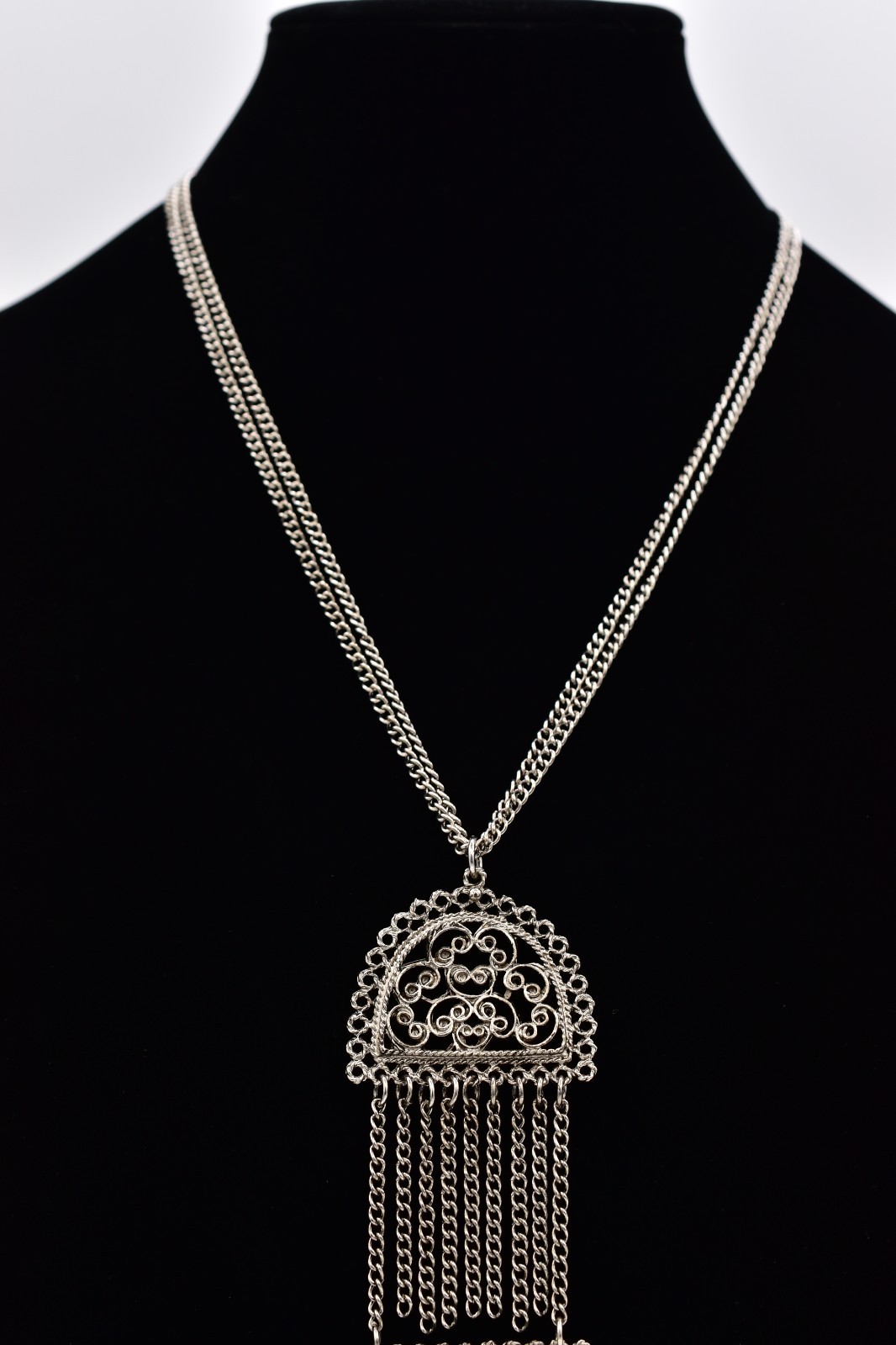 Vintage Silver Filigree Tassel Necklace Long Statement Fringe Chain 1970s Bin3C