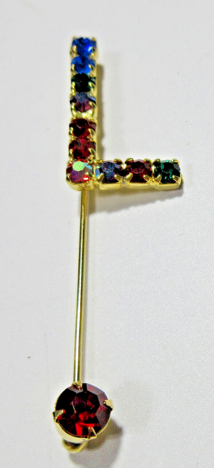 VTG COLORFUL RHINESTONE INITIAL LETTER L Blue green red gold tone HAT STICK PIN