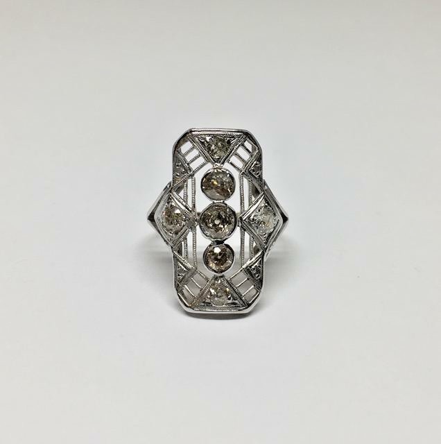Antique Art Deco 18k White Gold Filigree Champagne Diamond Split Shank Ring Sz 7
