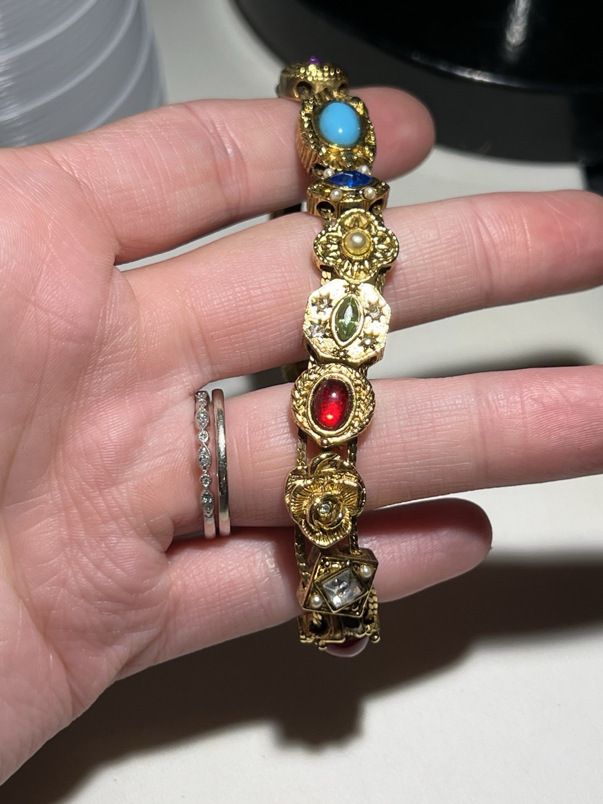 Vintage Victorian Revival Metal Tone Multi Gem Slide Bracelet Sz 7