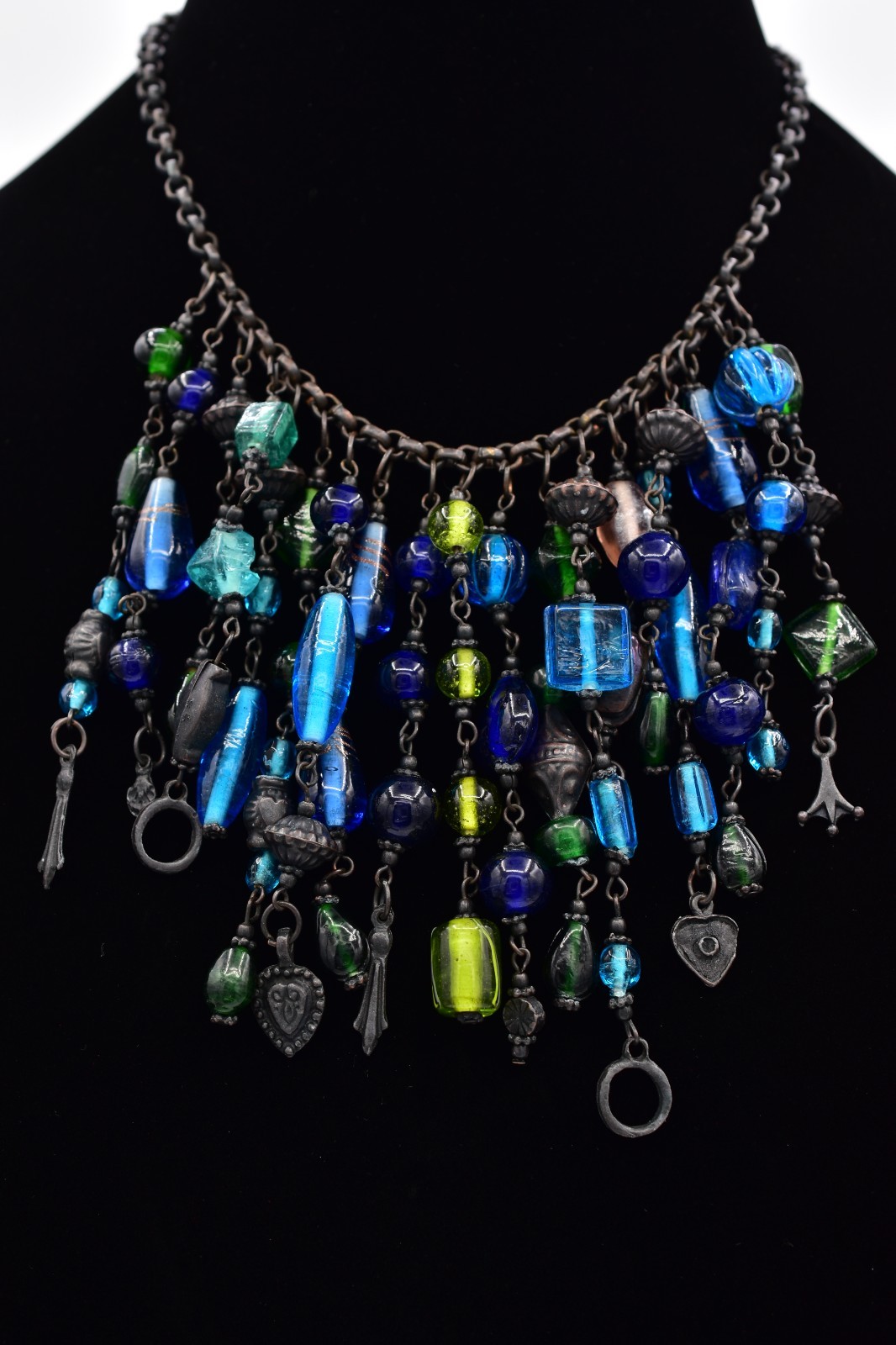 Vintage Glass Beaded Bib Collar Necklace Blue Green Fringe Gunmetal Chunky BinBQ