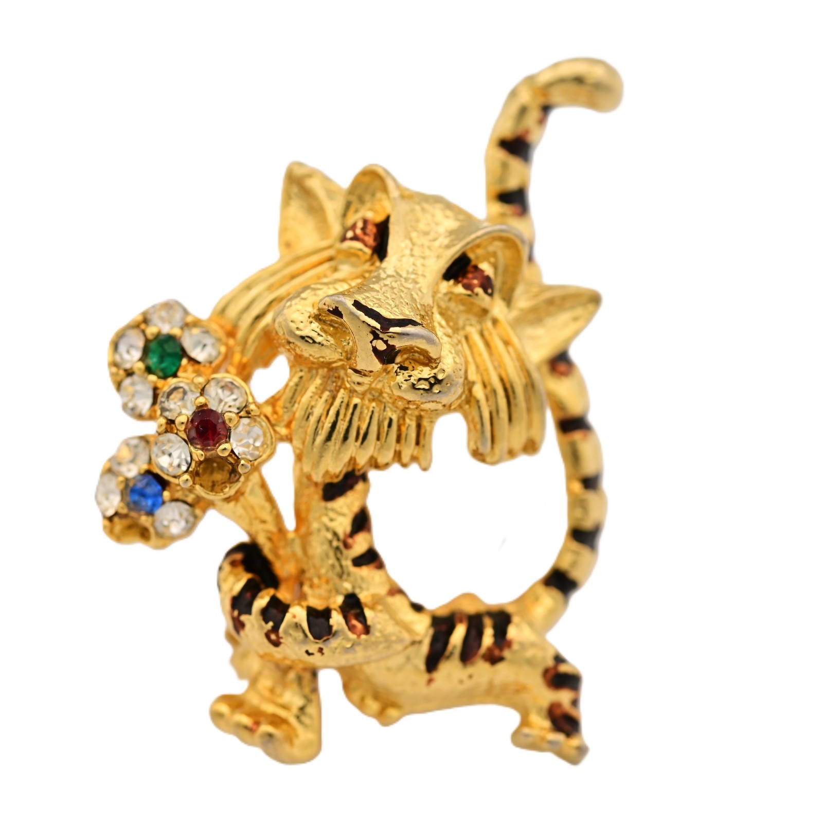 J MAZER Original Vintage Multi Rhinestone Enamel Estate Flower Tiger Brooch Pin