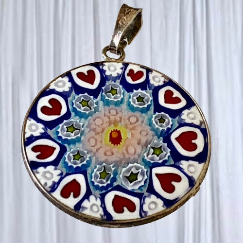 Italian Glass Handcrafted Pendant Mosaic Sterling Silver Flowers Heart
