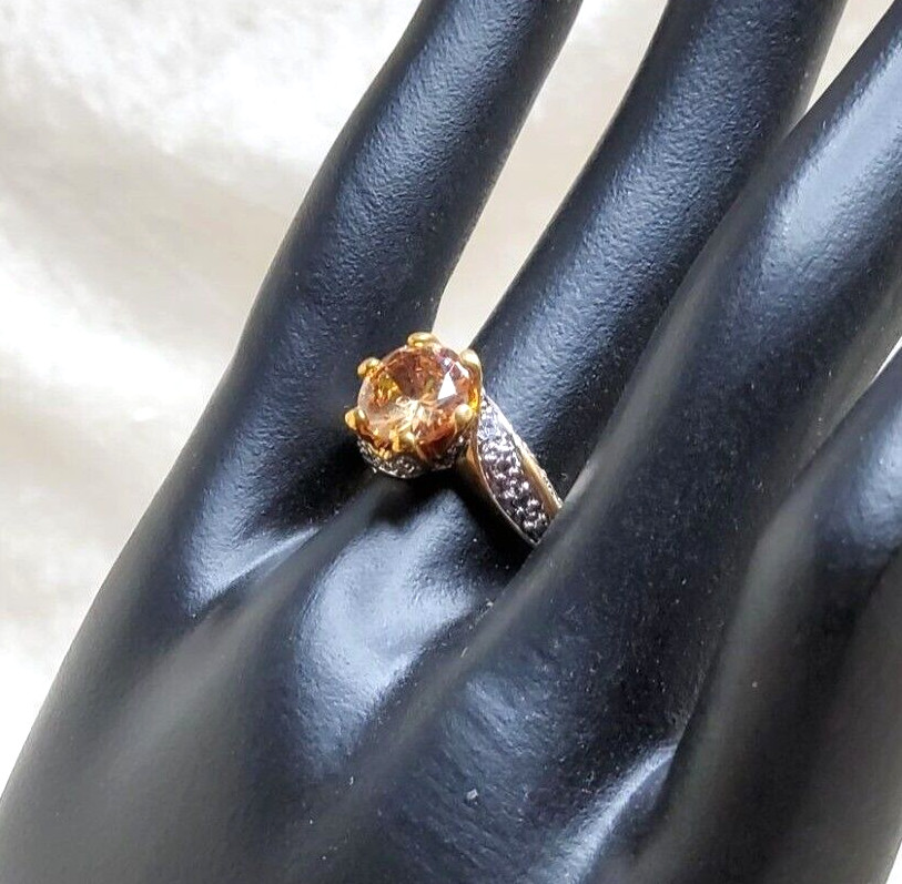 vintage 14kt gold plated champagne/white cubic zirconia two tone ring