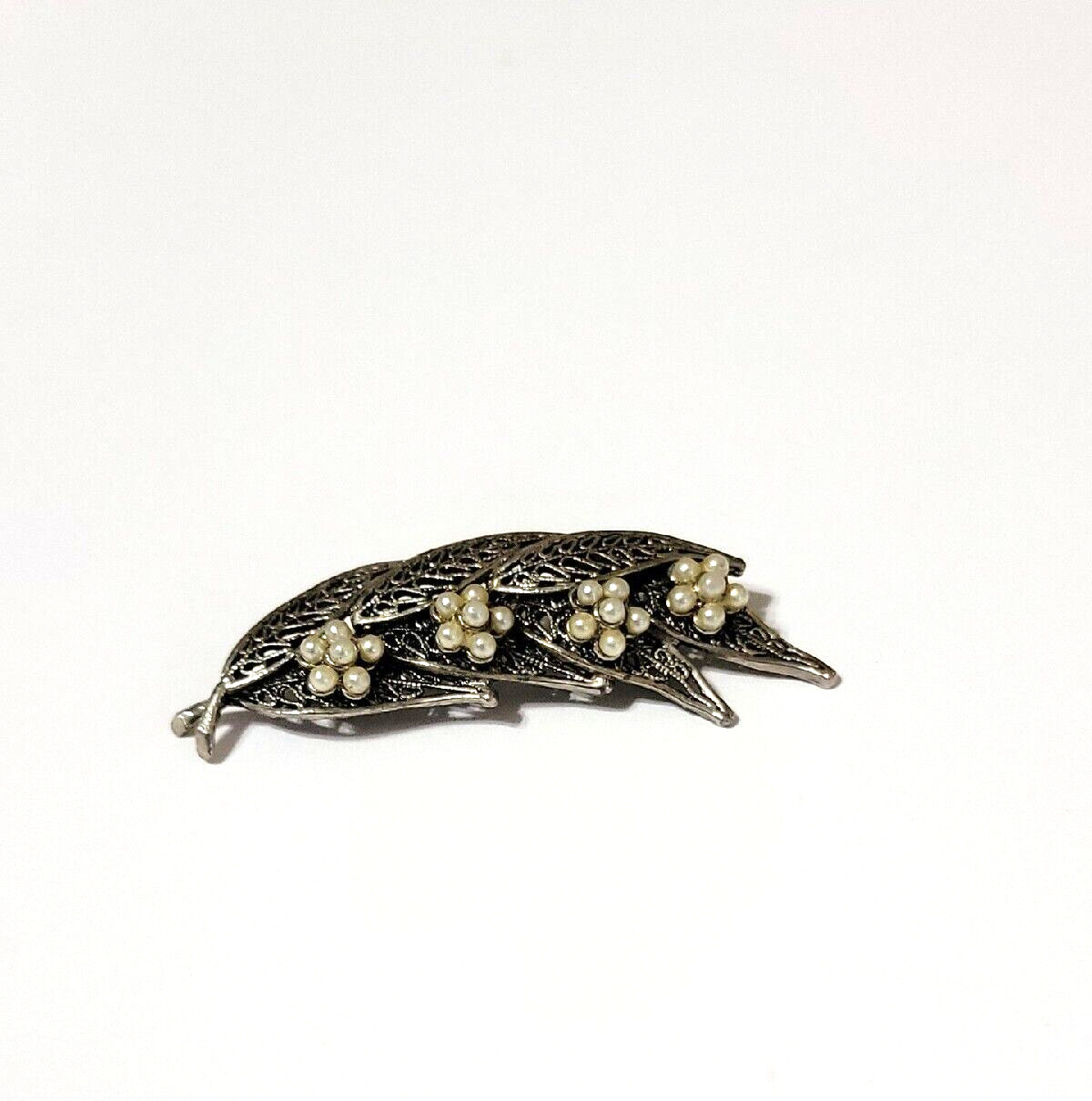 Vintage Floral Signed Tacoa Brooch Pin, Silver-tone Filigree Leafs & Flowers