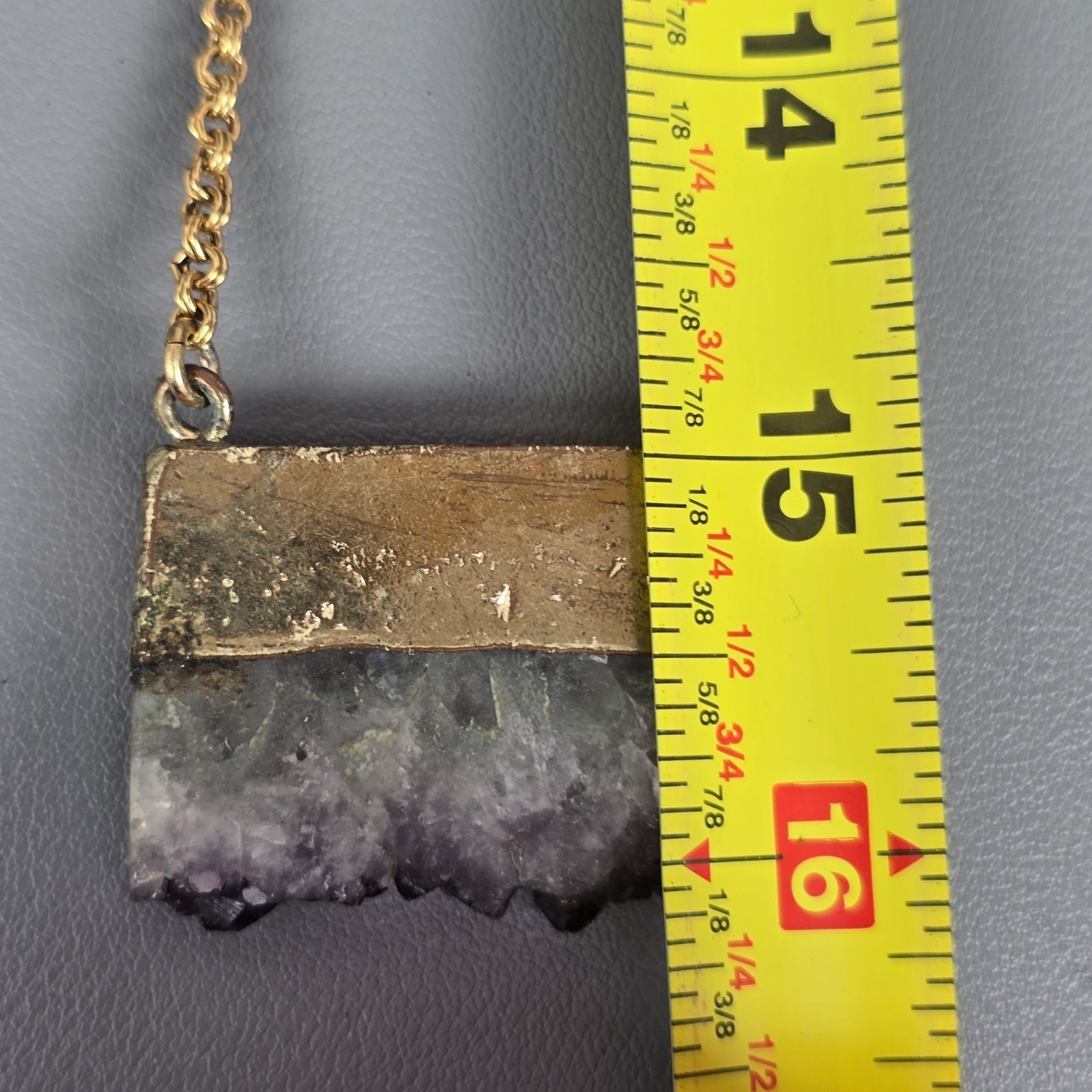 Cool Vintage Yochi Necklace Amethyst Gemstone Geode Slab Pendant Gold Tone Chain