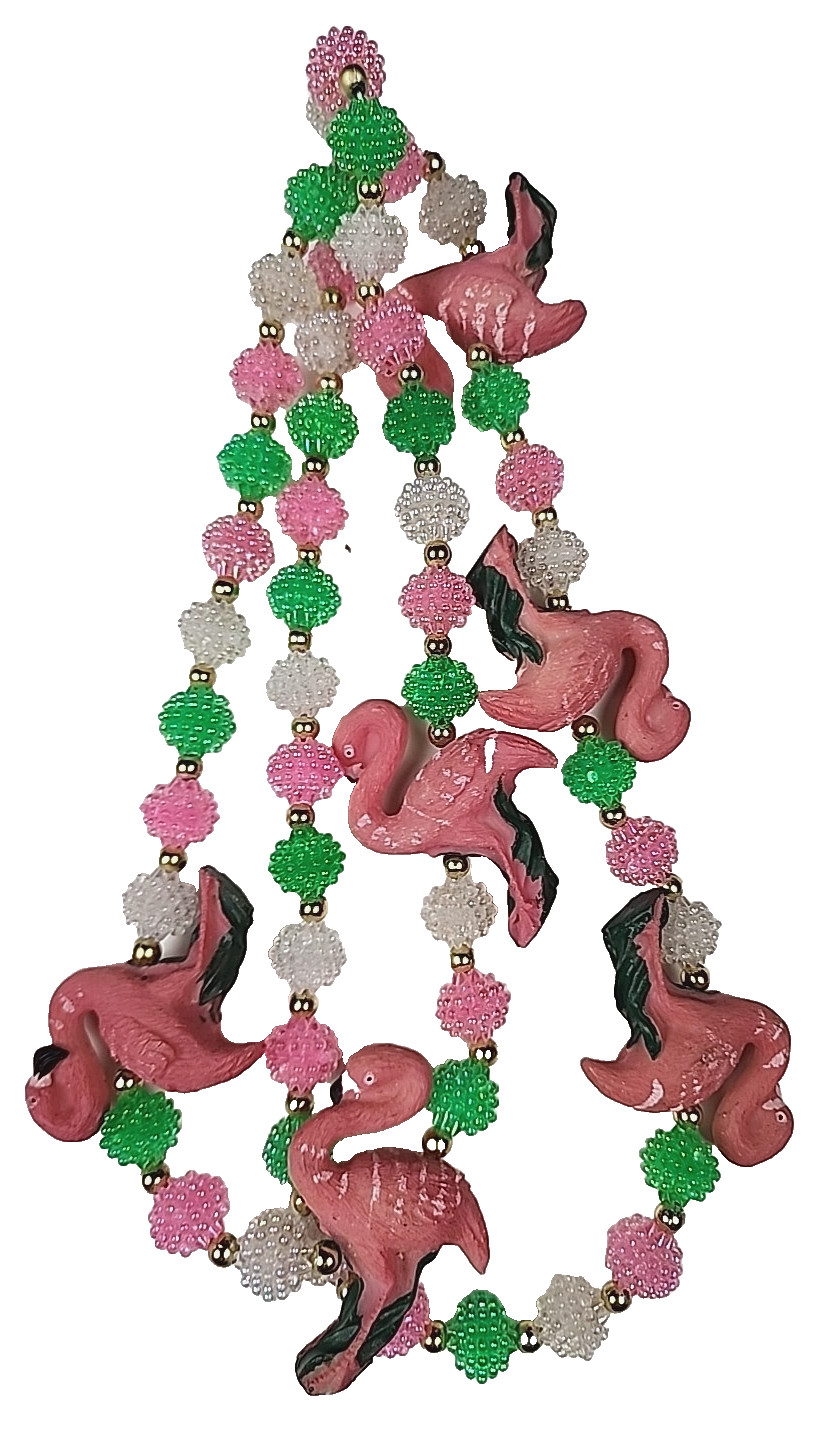 VTG Pastel Resin POPCORN Beaded Flamingo Necklace Pink Green FUN witty Wear