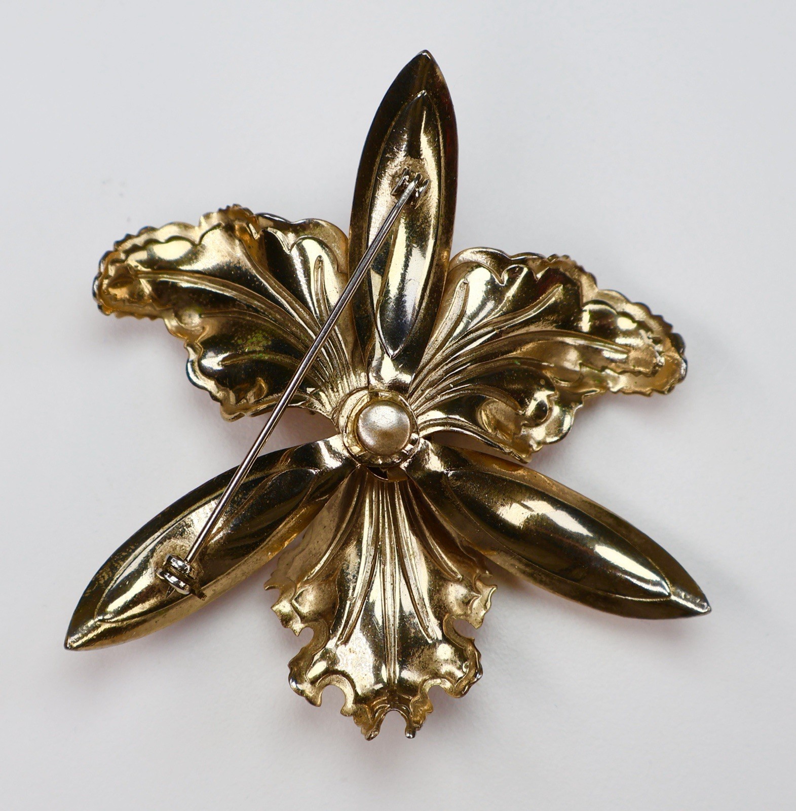 Vintage Iris Orchid Brooch Purple Rhinestones Baguettes Round Gold Tone Flower