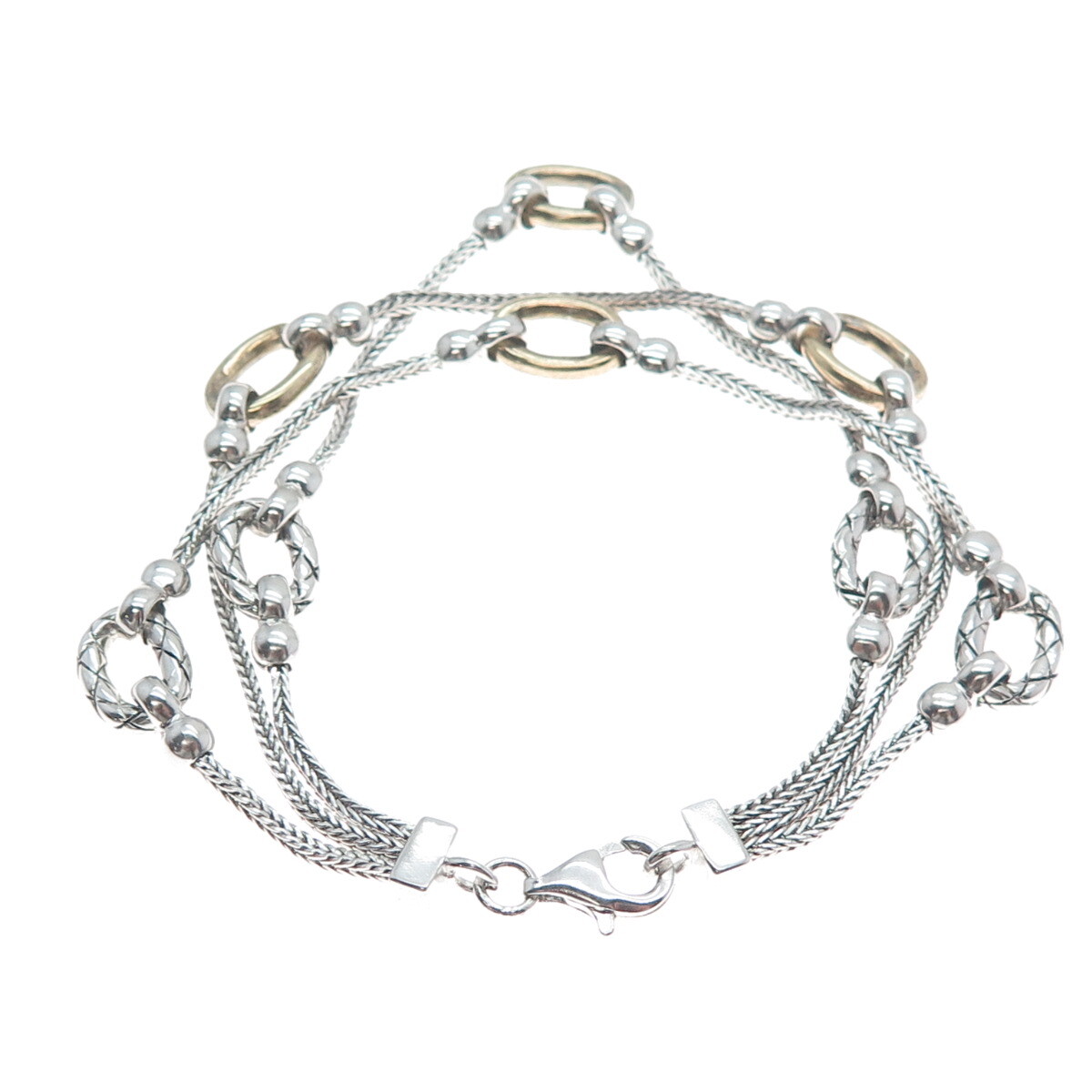 925 Sterling Silver 2-Tone Vintage Oval Station Wheat Link 3-Strand Bracelet 7″