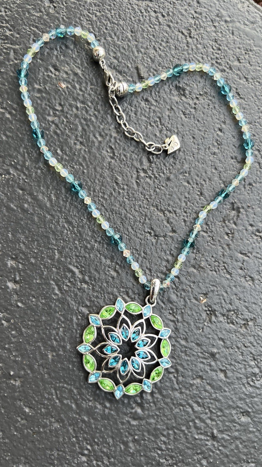 Swarovski Crystal Mandala Medallion Statement Necklace Blue Green Teal Swan VTG